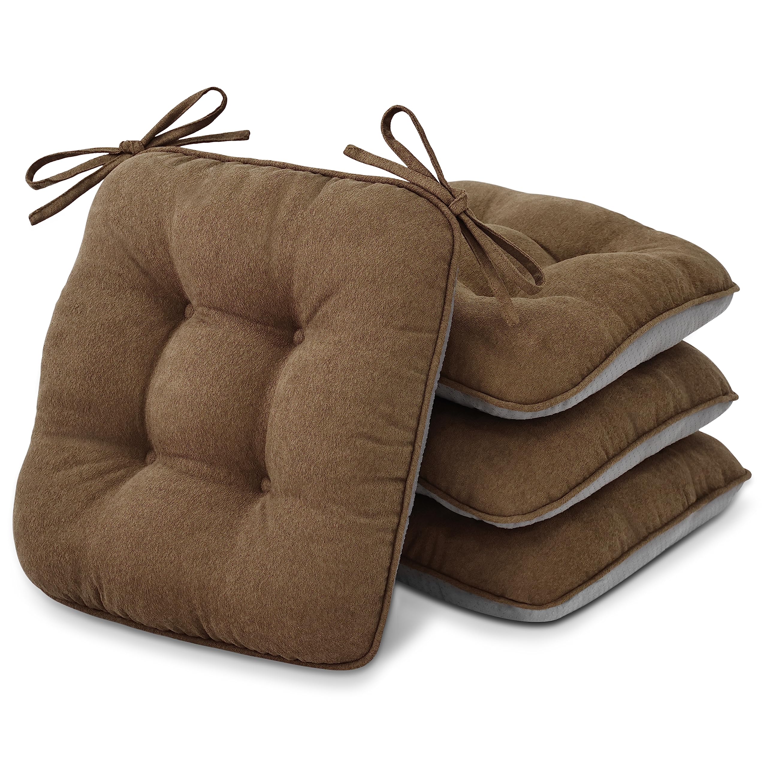 Shinnwa Chair Cushions for Dining Chairs 4 Pack, Tufted Non-Slip Kitchen Seat Cushions, Dining Room Chair Pads with Ties, 16” x 16”, Brown, Set of 4