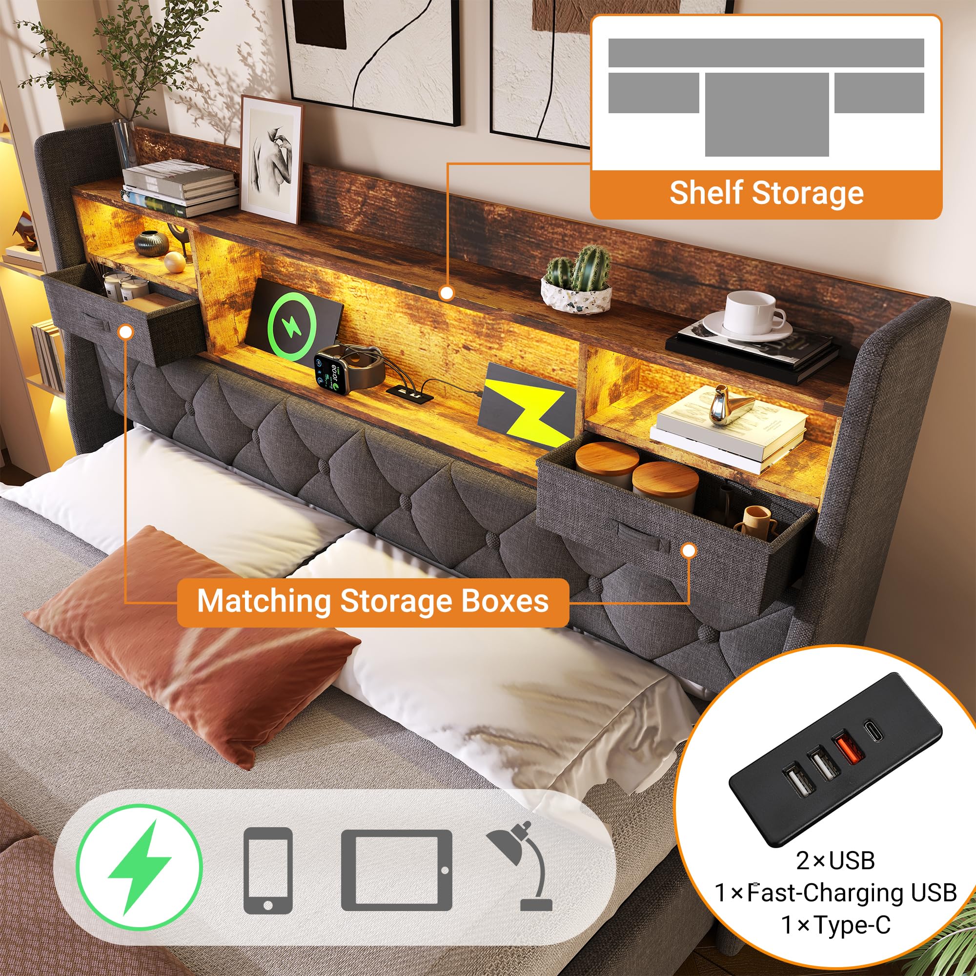 HESHU Polsterbett Bettgestell 180x200, Boxspringbett mit LED und Ladestation, Bettrahmen mit Stauraum Kopfteil, Jugendbett Stauraumbett Funktionsbett Doppelbett