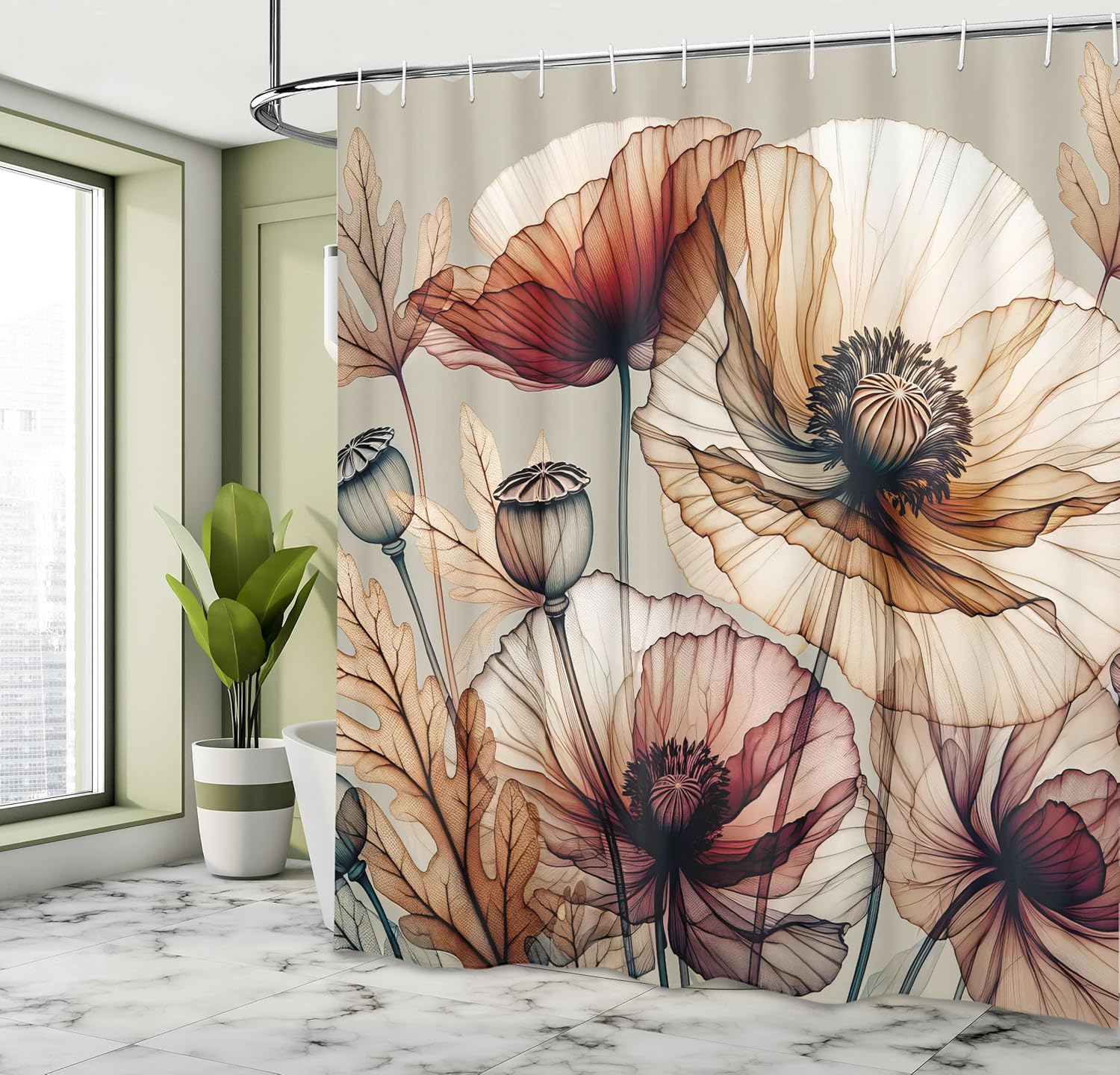 Ambesonne Vintage Shower Curtain, Fantasy View Poppy Flowers with Bold Dreamy Petals with Leafy Details, Cloth Fabric Bathroom Decor Set with Hooks, 69" W x 70" L, Pale Maroon Grey Yellow