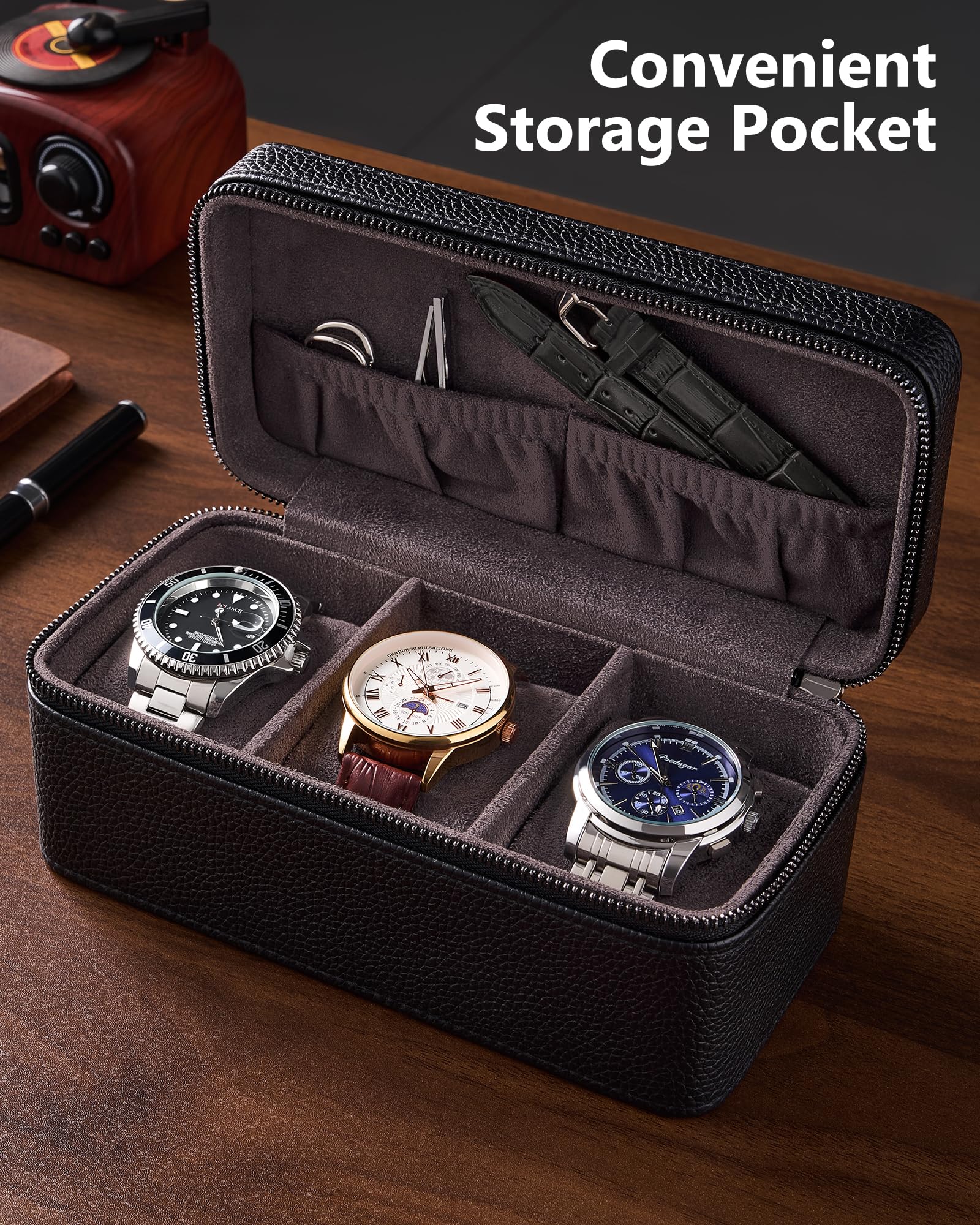 ProCase Scatola Porta Orologi Uomo 3 Posti, porta Orologi da Viaggio in pelle PU, Custodia da Viaggio per Orologi e Anelli, Ideale per Regalo -Nero