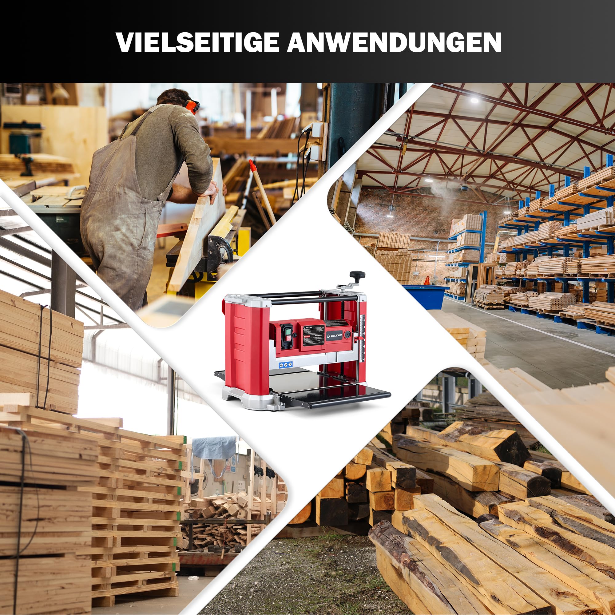 ZELCAN Dickenhobelmaschine 2000W Hobelmaschine Dickenhobel 20000 Schnitte/Min, Elektrohobel 2 Hobelmesser Durchlasshöhe/-breite: 15cm/33cm, Spanabnahme max.: 3 mm mit Absaugung