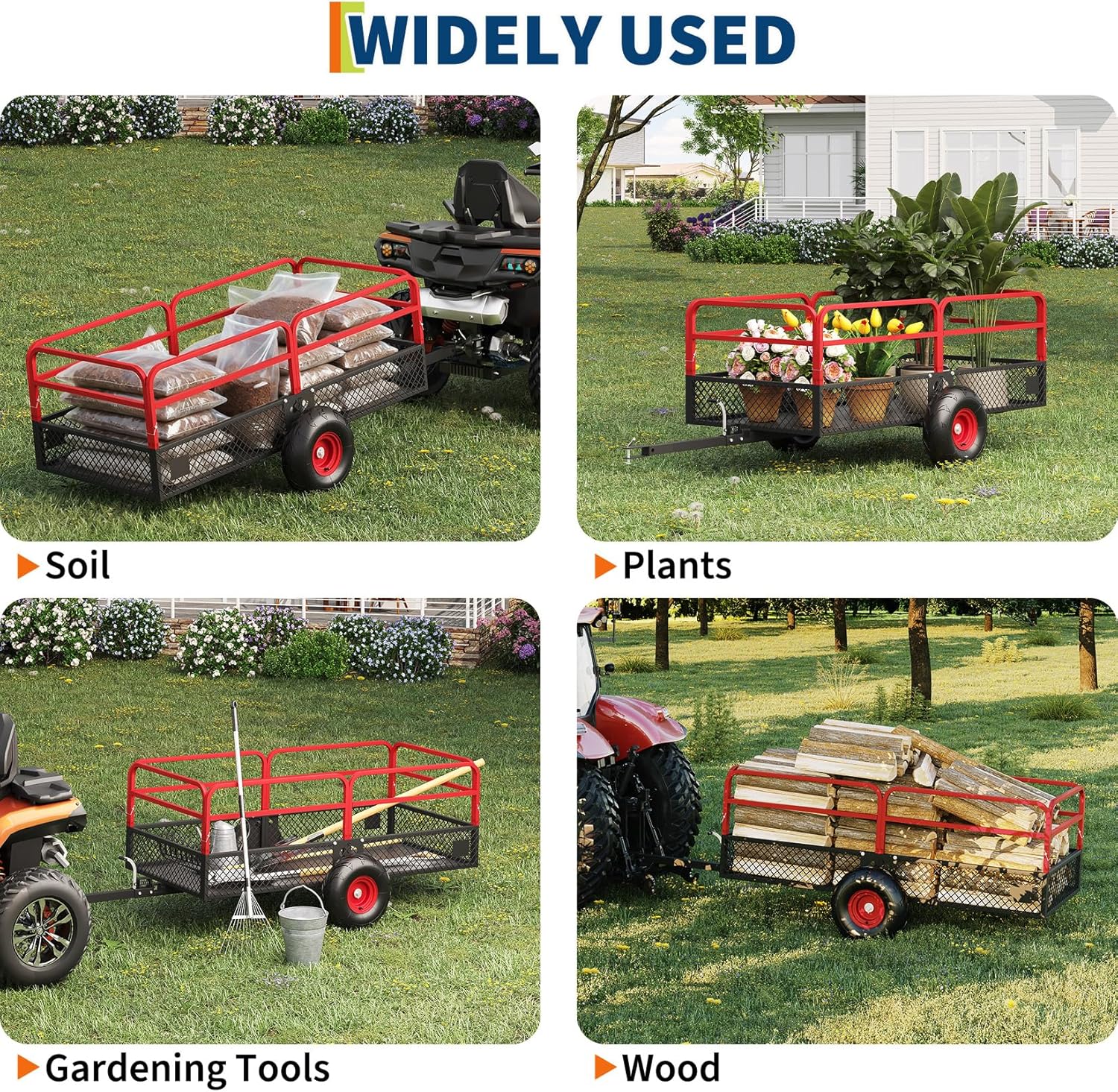 PeakPursuit Tow Behind Steel Dump Cart, Heavy Duty Yard Garden Trailer with Removable Sides & All Terrain Tires, Fits Lawn Mower, Tractor, Garden Cart, 1600 lbs 22 Cubic Feet, Red