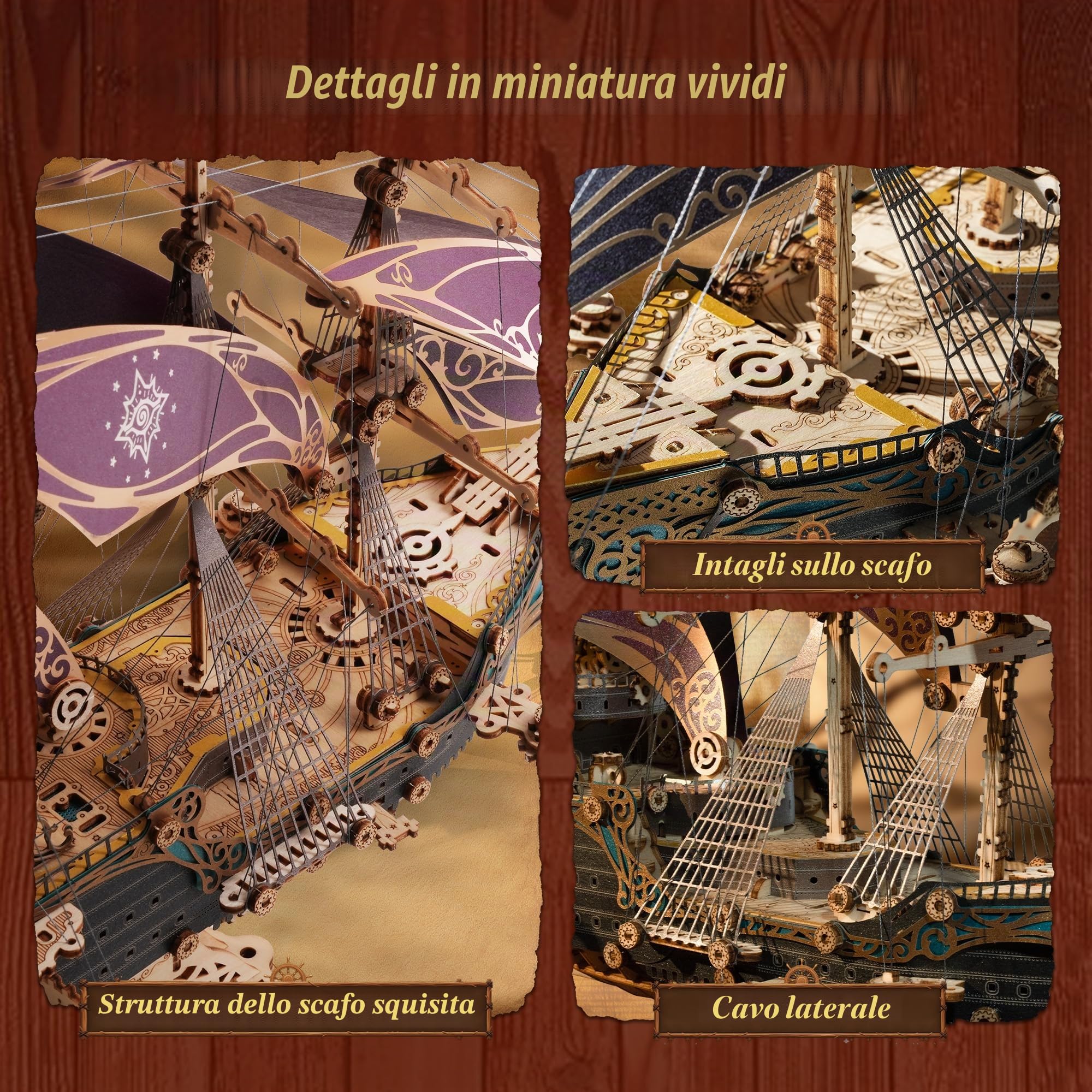 FUNPOLA Puzzle 3D in legno Modello di Nave Pirata – Kit di costruzione di veliero, avventura, decorazione per la casa, regalo creativo per adulti e ragazzi (Viola)