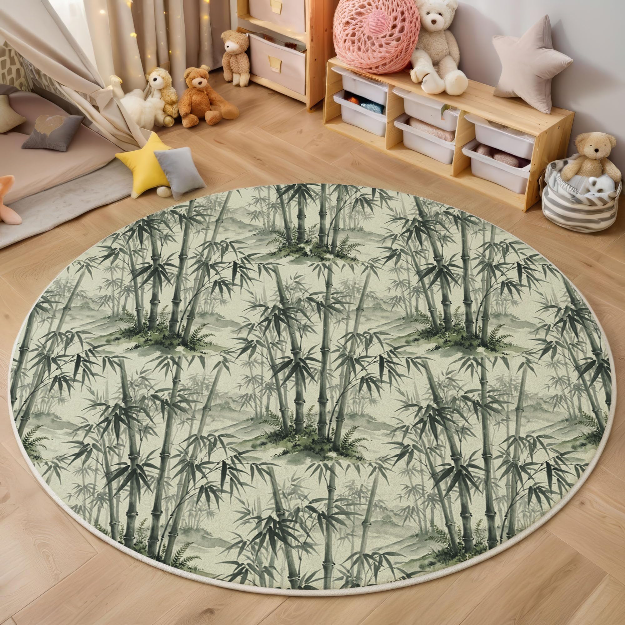 Tapis rond vert pâle 200cm en bambou doux pour salon