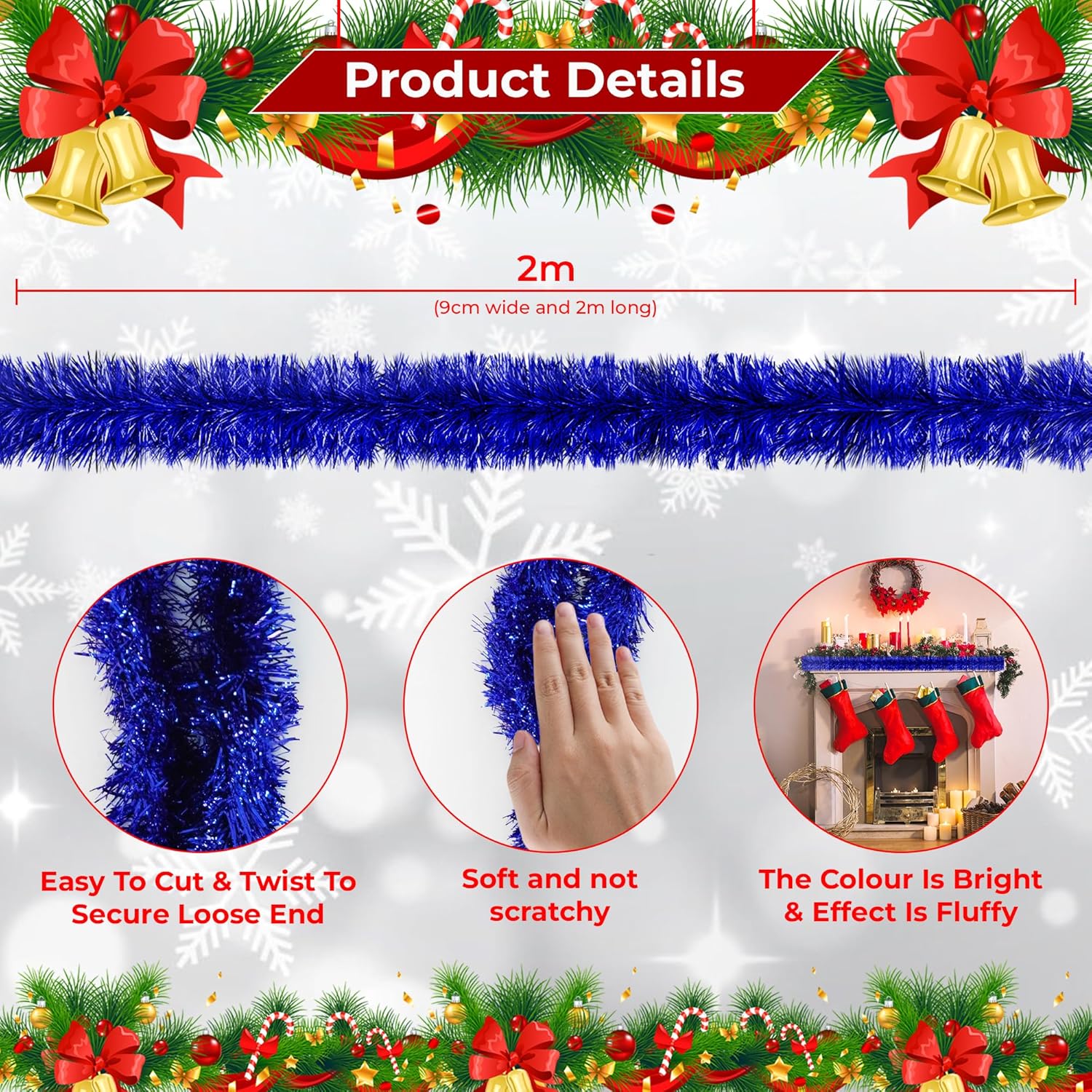 9cm Christmas Tinsel Garland for Christmas Tree Decorations, 6.5ft Thin Xmas Tinsel Garland for Indoor and Outdoor Party Xmas Hanging Decorations, Christmas Decorations, Party Supplies, Blue