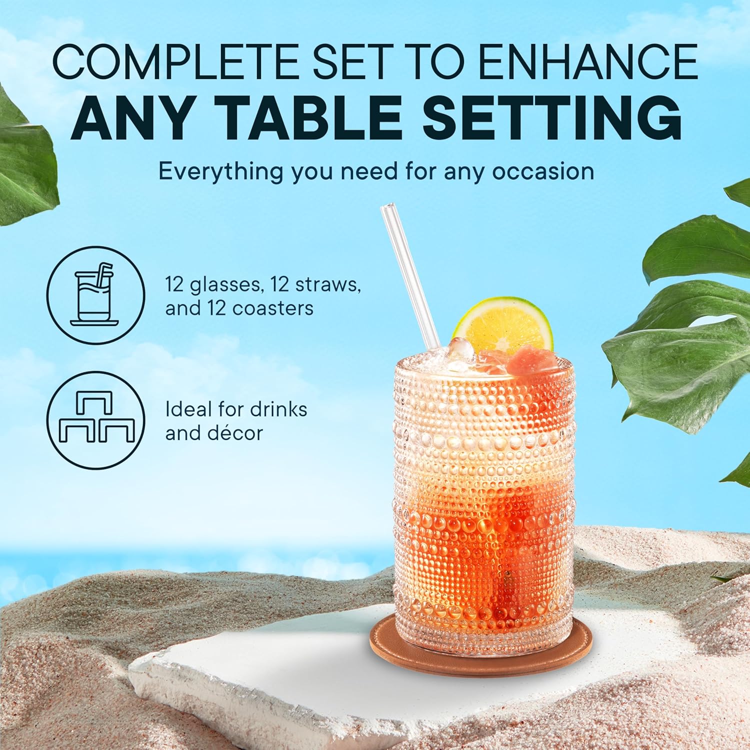 15 OZ Hobnail Drinking Set of 12 – Vintage Embossed Glassware, Textured Tumblers for Water, Beer, Cocktails, Mocktails, Whiskey & More – Includes Straws and Coasters – Clear - Image 7