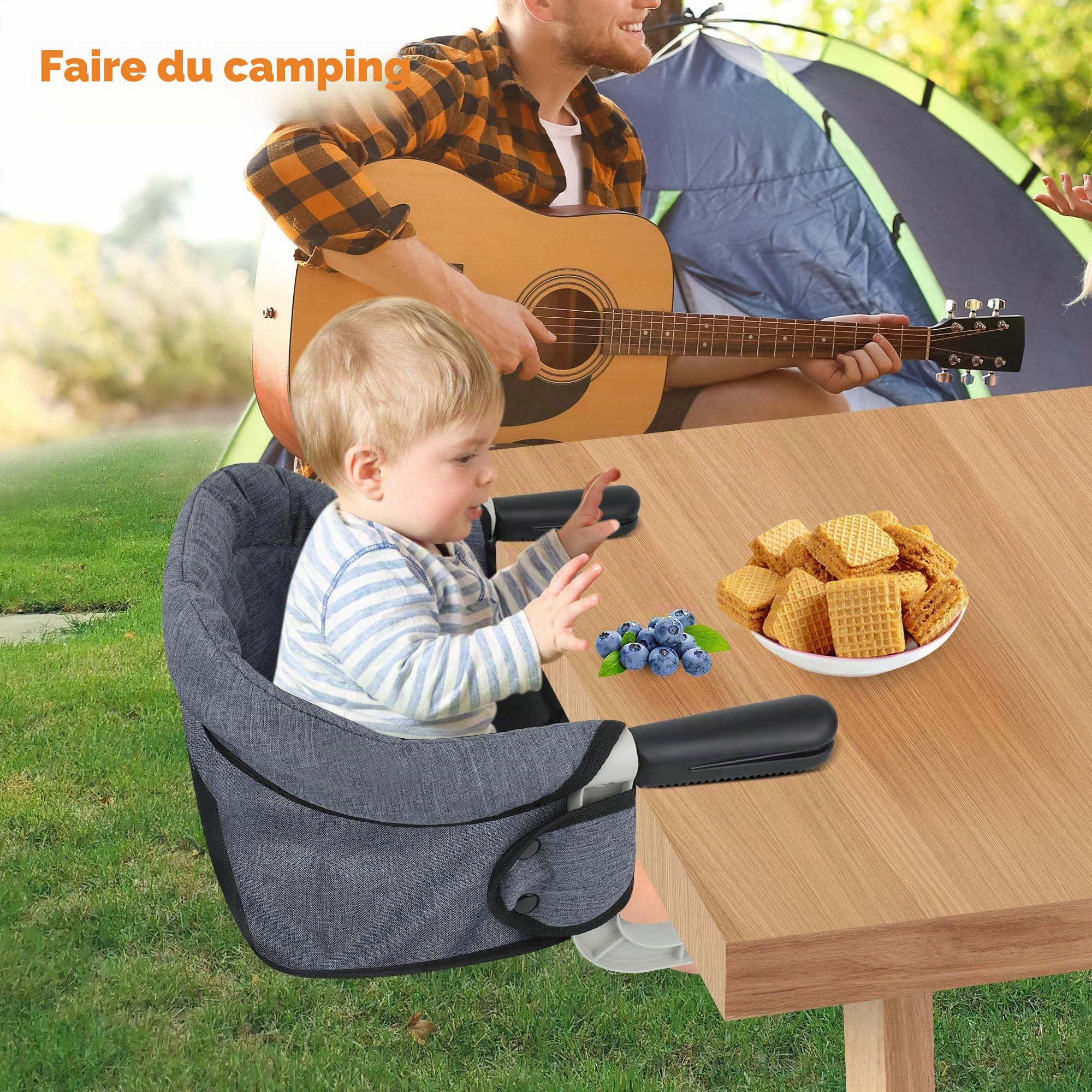 Toogel Siège de Table pour Bébé, Chaise Haute Portable Pilante avec Harnais de Sécurité, Chaise Enfant de Table avec Sac de Transport pour Maison et Voyage (Gris)