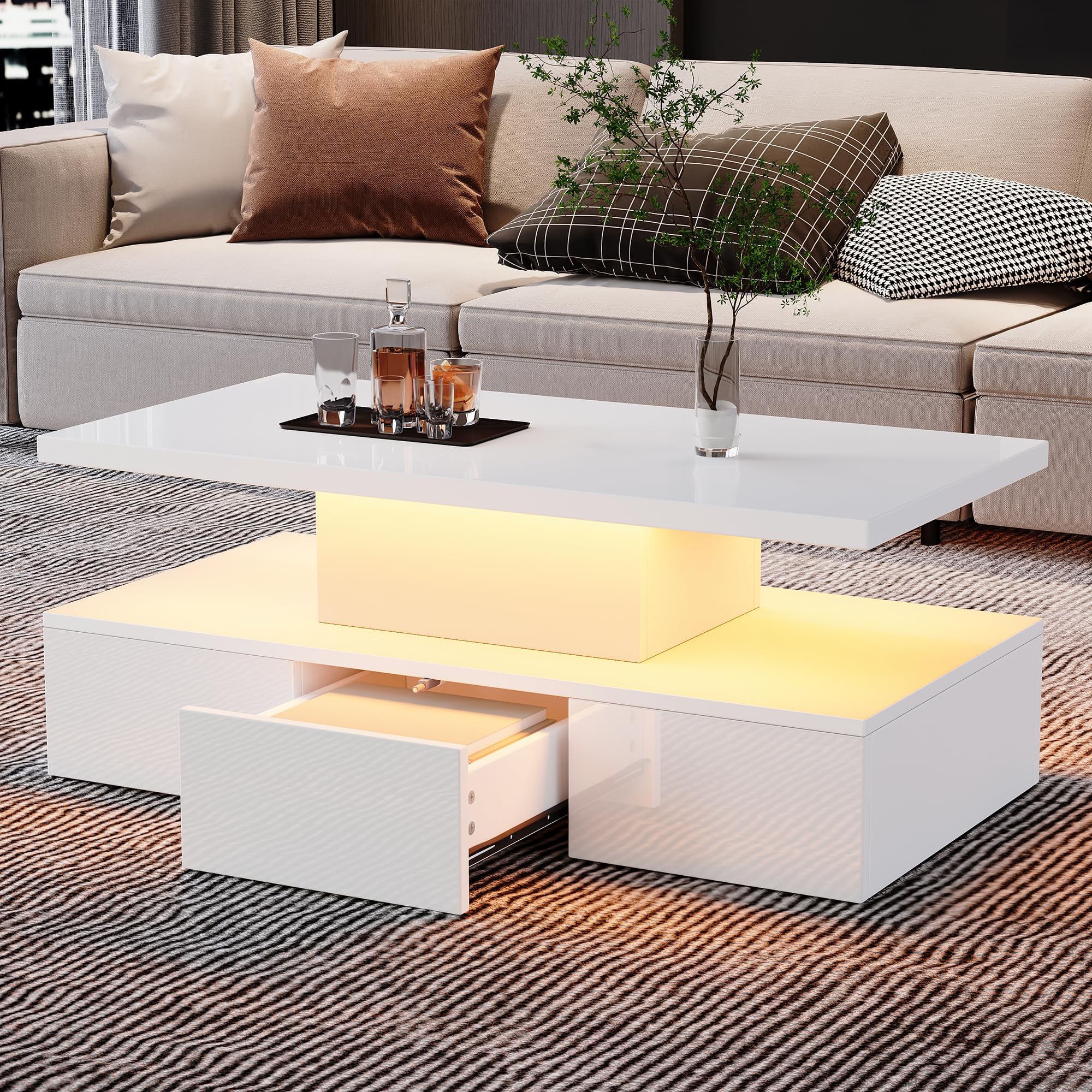 Merax Couchtisch mit LED 100x50 cm, Hochglanz Sofatisch mit Schublade, Weiß Offenes Ablagefach und geräumige Schublade für eine übersichtliche Aufbewahrung.