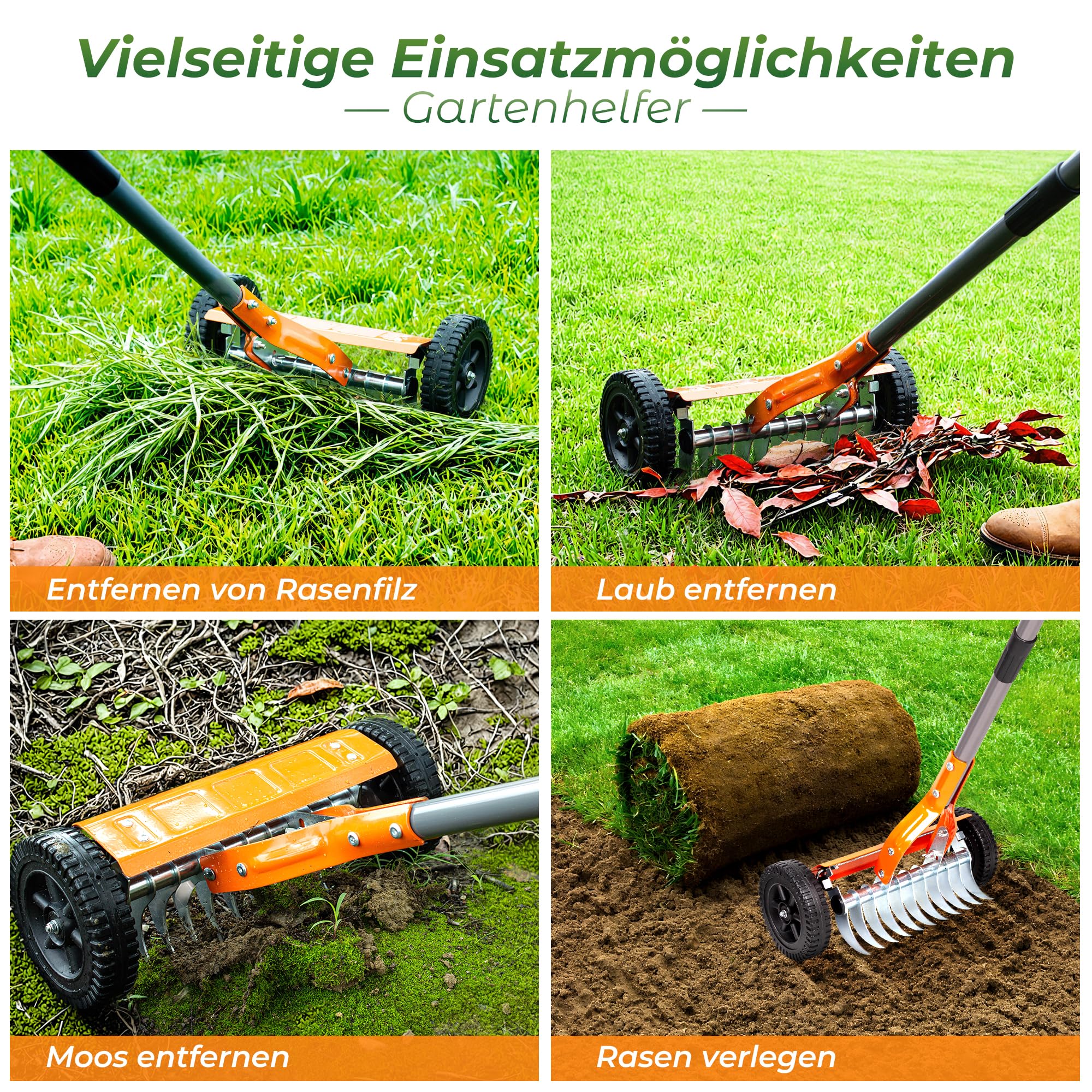 Walensee Vertikutierer Rasenrechen mit Rädern, Rasenlüfter & Entfilzungsrechen mit Verstellbarem Stiel, Edelstahl Dethatcher für Moos, Rasenfilz, Laub & Gartenabfälle | 40 cm Rechenkopf, 190 cm verstellbarer Griff und einteilige 2 mm Edelstahlklinge für S