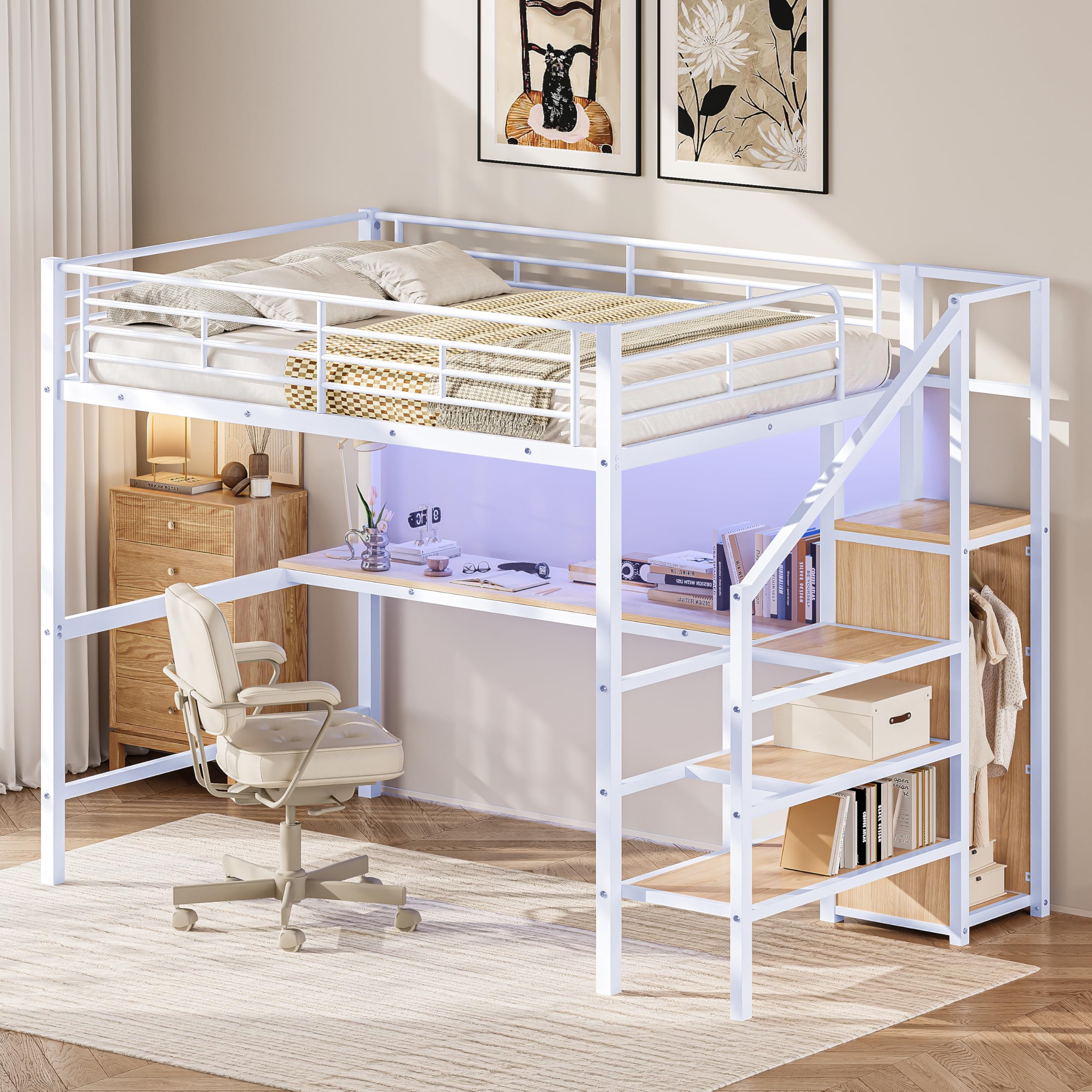 GM Ultra Full Size Loft Bed with Desk & Storage Stairs, Metal Loft Bed Frame with Wardrobe & LED Light, Safety Guard, Versatile High Loft Bedframe for