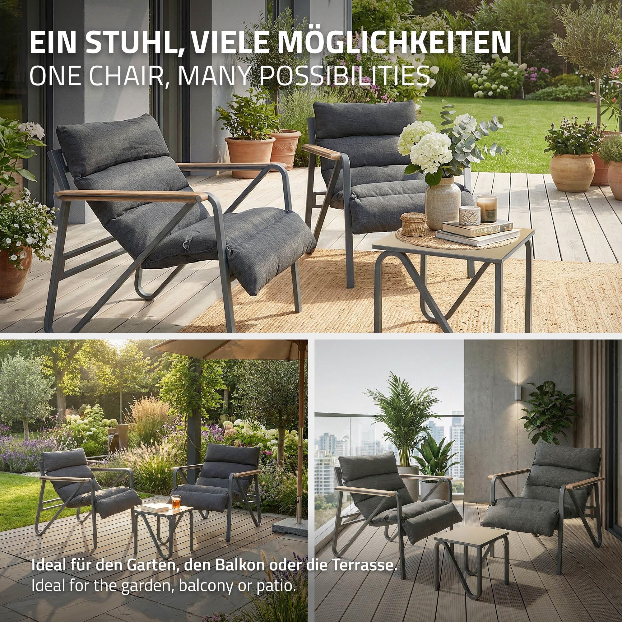 ML-Design Set Mobili da Giardino 3 Pezzi, Set Bistrot da Esterno in Acciaio, Grigio - Antracite, Include 2 Sedie con Cuscini e 1 Tavolo, Set Lounge per Terrazza e Balcone, Resistente alle Intemperie