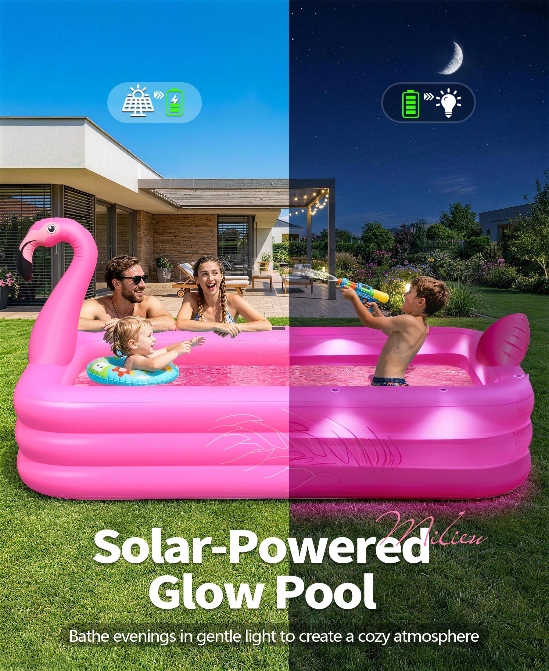 PoolLeader Piscina Hinchable Adultos, Flamenco Piscina Hinchable Rectangular con Luces Solar, Adopta un Material de PVC Grueso & Duradero, 254x160x50cm Piscinas Inflable Familiar Grande para Jardin