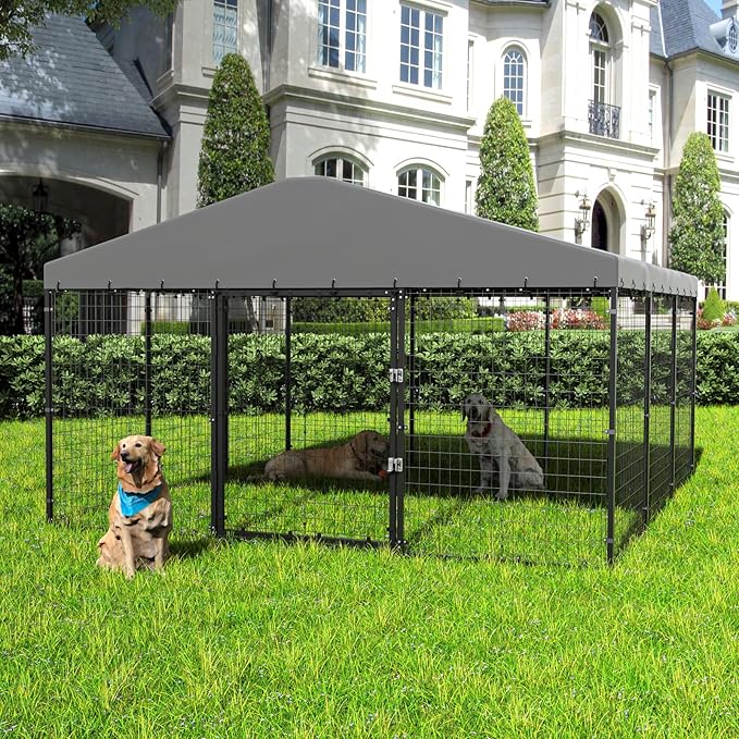 ALAULM Large Outdoor Dog Kennel with Waterproof Cover & Double Safety Locks, 118"x118" x70" Heavy Duty Dog Cage for Lawn & Backyard
