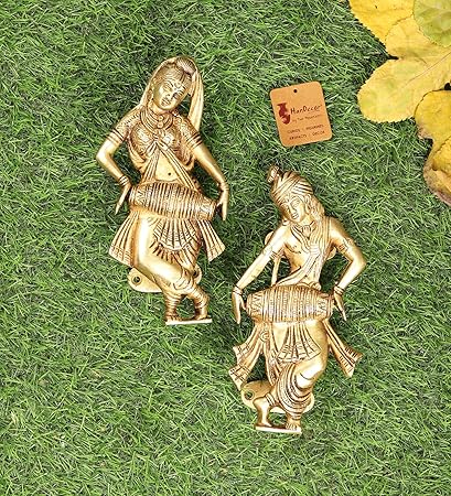 Two Moustaches Radha Krishna Playing Dholak Brass Door Handle Pair (Antique Yellow,Standard)