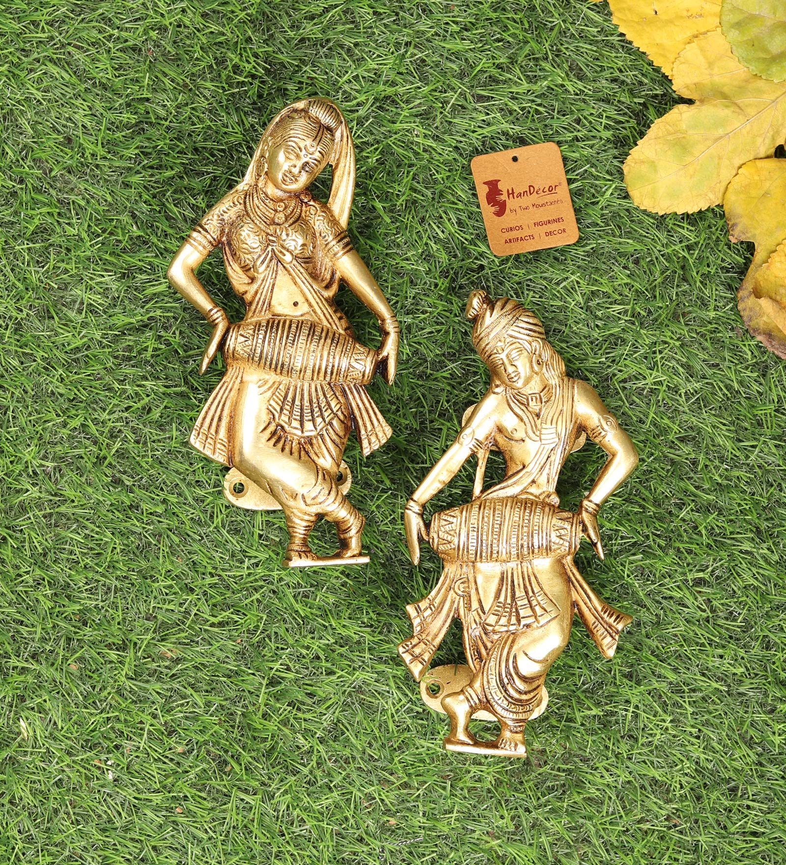 Two Moustaches Radha Krishna Playing Dholak Brass Door Handle Pair (Antique Yellow,Standard) - Brass, Pull Handle