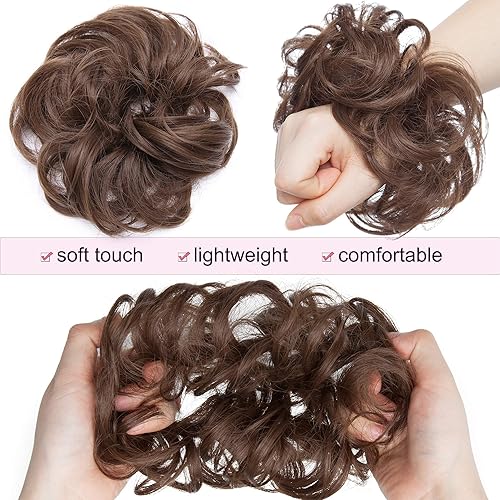 Miniatura 4 de Benehair Moño desordenado, pieza de pelo recogido para mujer, esponjoso, ondulado, moño con dona, moño sintético con banda de goma elástica, color