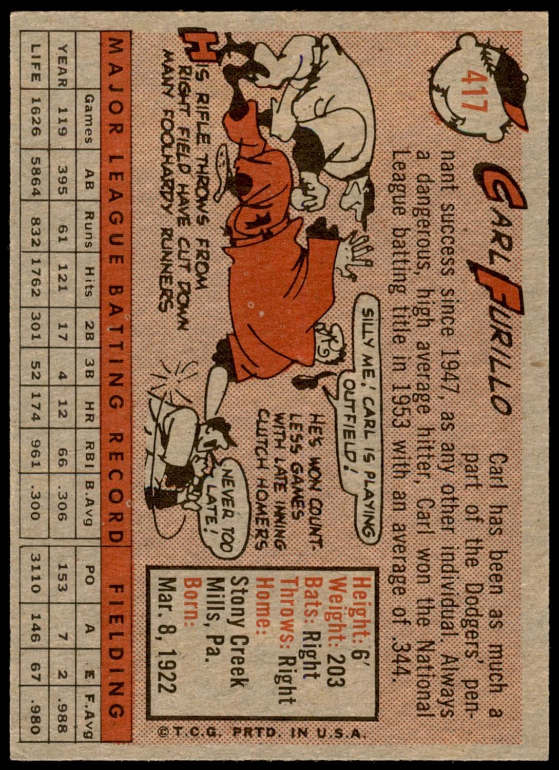 1958 Topps #417 Carl Furillo Los Angeles Dodgers (Baseball Card) EX Dodgers