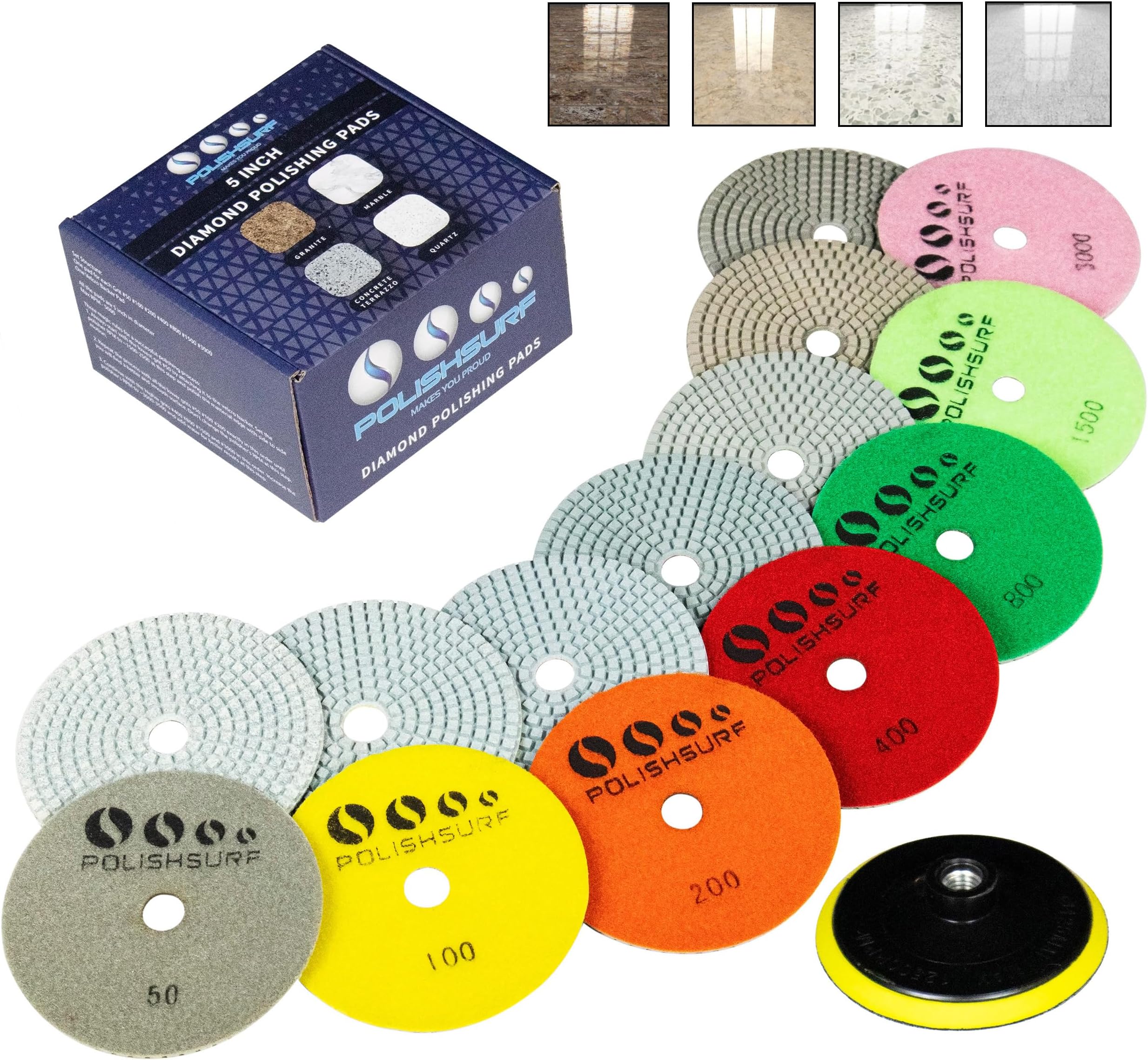 POLISHSURF Diamond Polishing Pads 5 Inch Wet Dry Set 8 Pieces for Marble Quartz Stone Countertop Granite Concrete Polishing