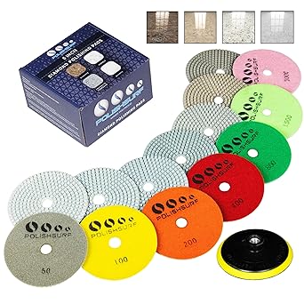 POLISHSURF Diamond Polishing Pads 5 Inch Wet Dry Set 8 Pieces for Marble Quartz Stone Countertop Granite Concrete Polishing