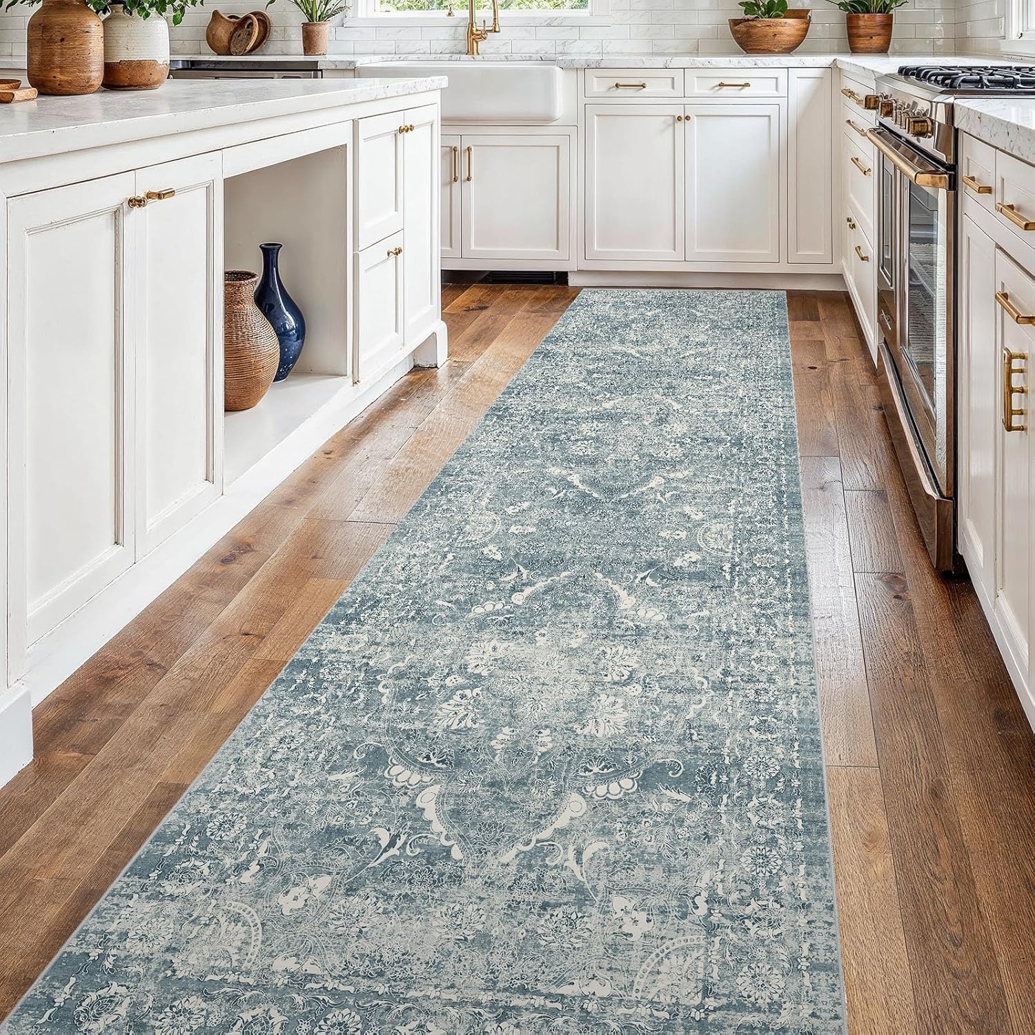 2'6"x14' washable hallway runner rug - non slip kitchen runner rugs with rubber backing vintage low-pile carpet runners for entryway dining room laundry room home decor (blue) blue 2'6" x 14' (runner)