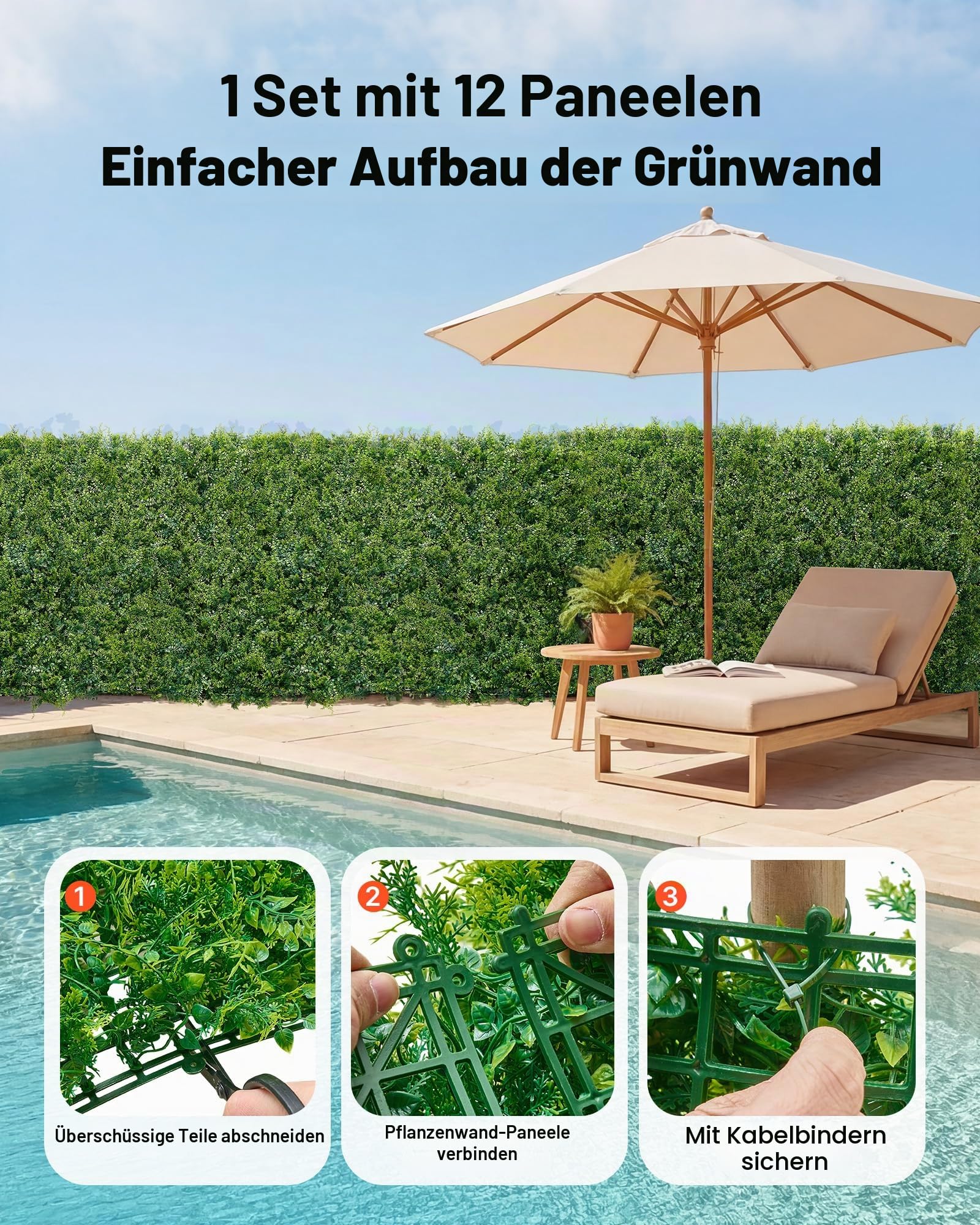 VEVOR Künstliche Hecke 50x50 cm 12-TLG. Set, Pflanzenwand, PE-Sichtschutz, Sichtschutzzaun, Windschutz, Heckenzaun, Kunstpflanzen Balkonverkleidung für Hochzeiten, Außengärten, Hinterhöfe
