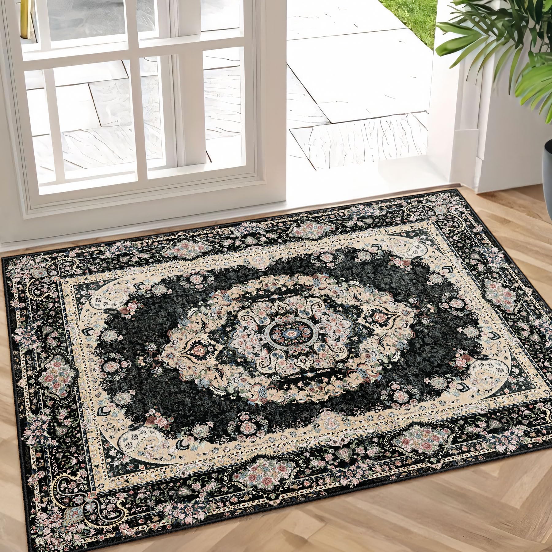 Castage Small Rugs 2x3,Black Rug for Entryway Bathroom Bedroom Kitchen Entrance Doormat,Boho Vintage Bohemian Distressed Washable Accent Floor Throw