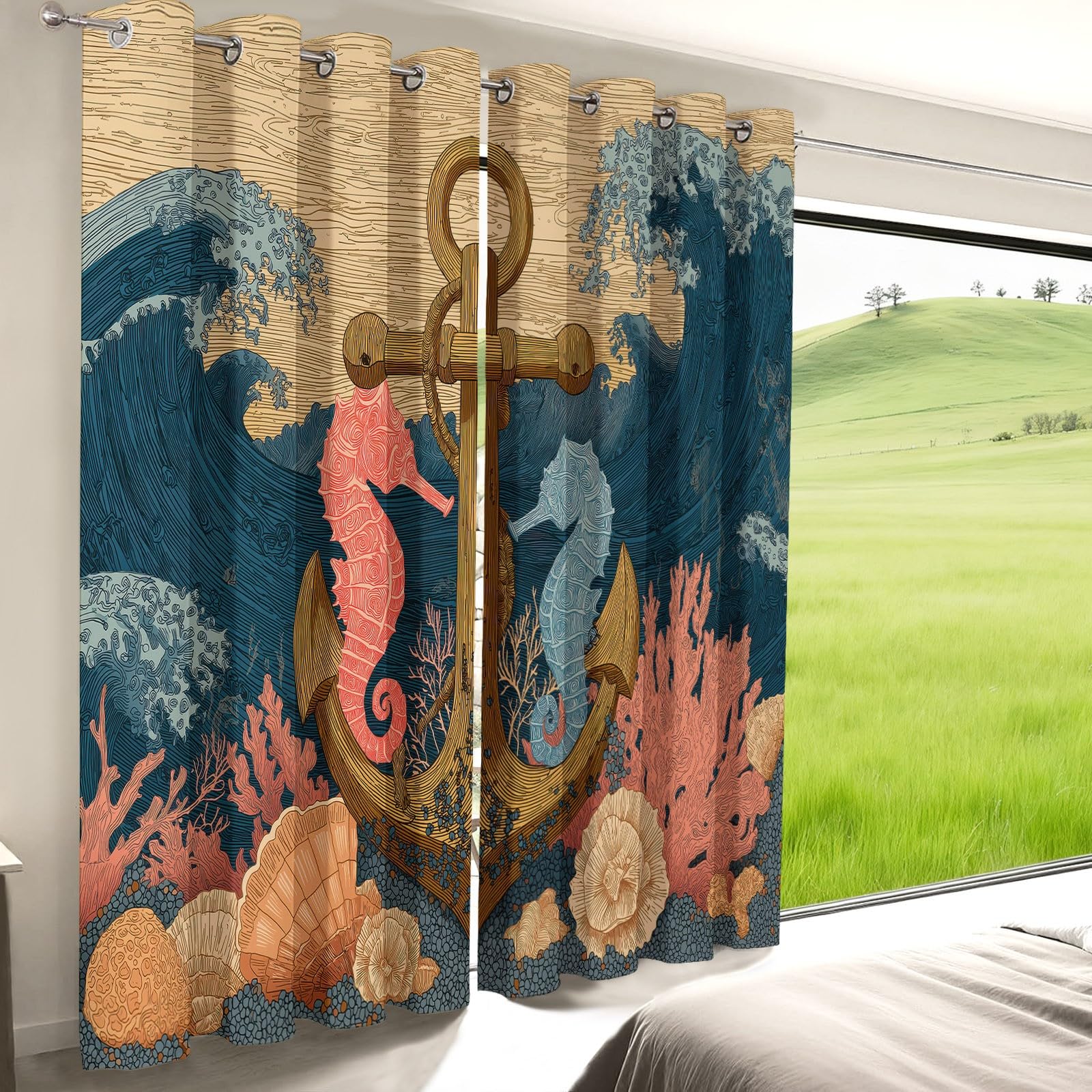 Générique Rideaux Occultant Isolant Thermique Anti Froid, Lot De 2 Rideaux 75L X 166H cm Protection UV Rideau Multicolore Rétro Marin Voile Ancre Hippocampe Coquillage pour Salon et Chambre