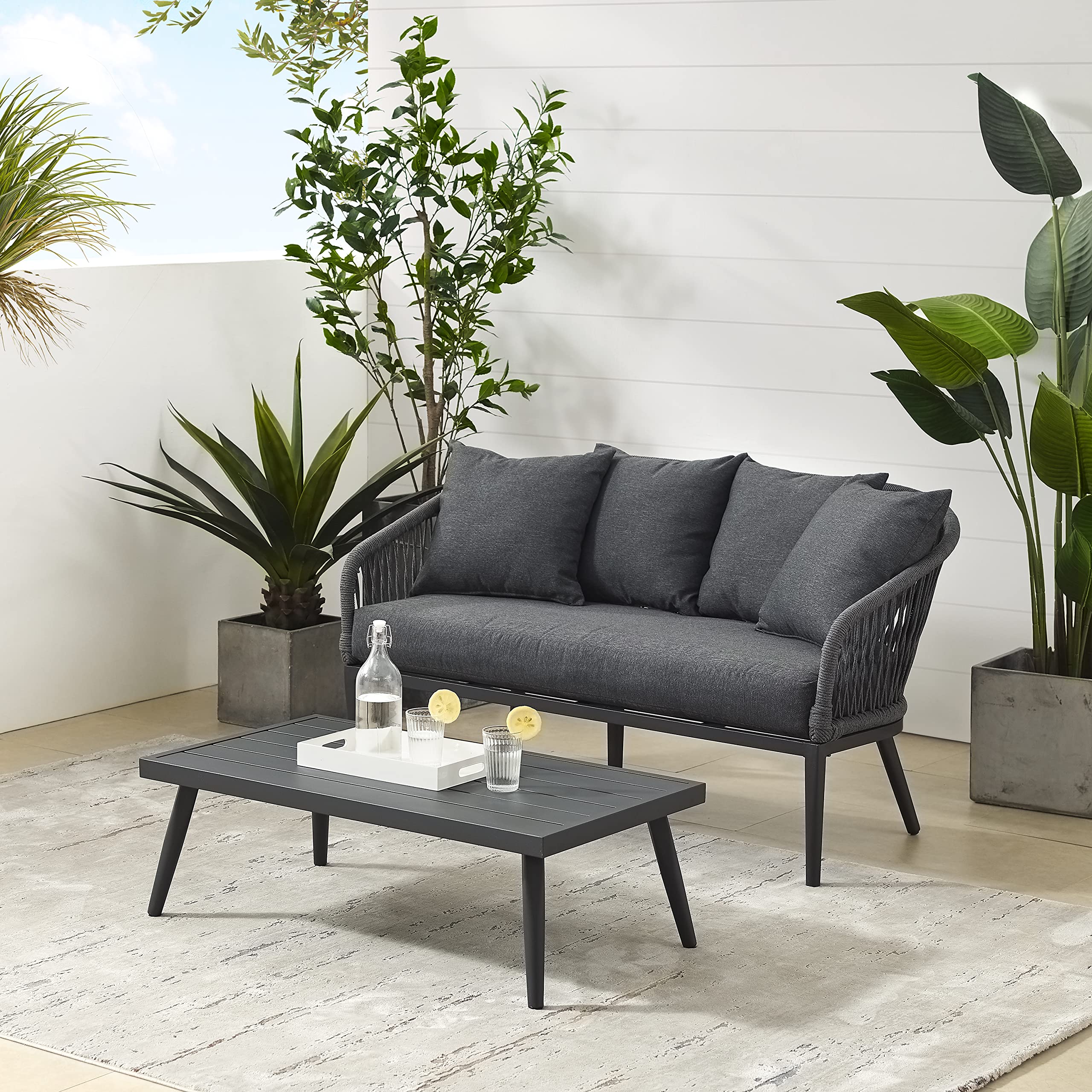 CO7330MB-CL Dover - Juego de 2 piezas de cuerda para exteriores (sofá biplaza, mesa de café), negro mate con cojines de carbón 5