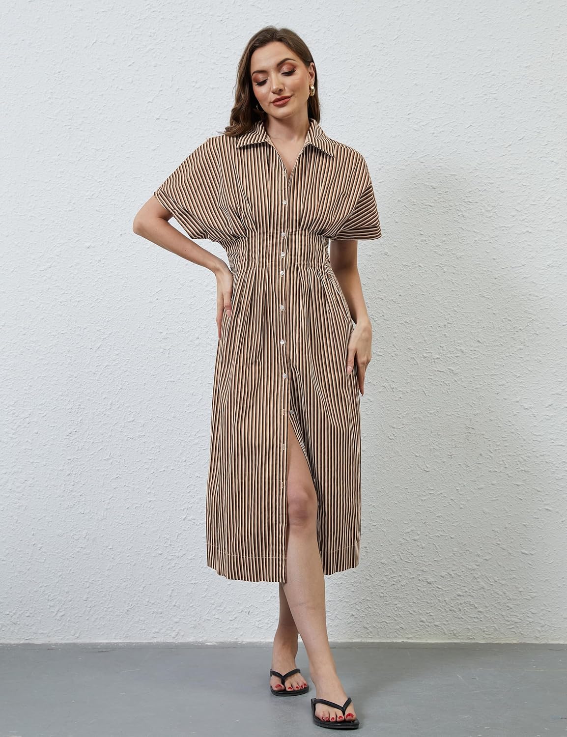 Women Button Front Pleated Shirt Maxi Dress Summer Striped Prints Short Sleeve Coll... - Image 2