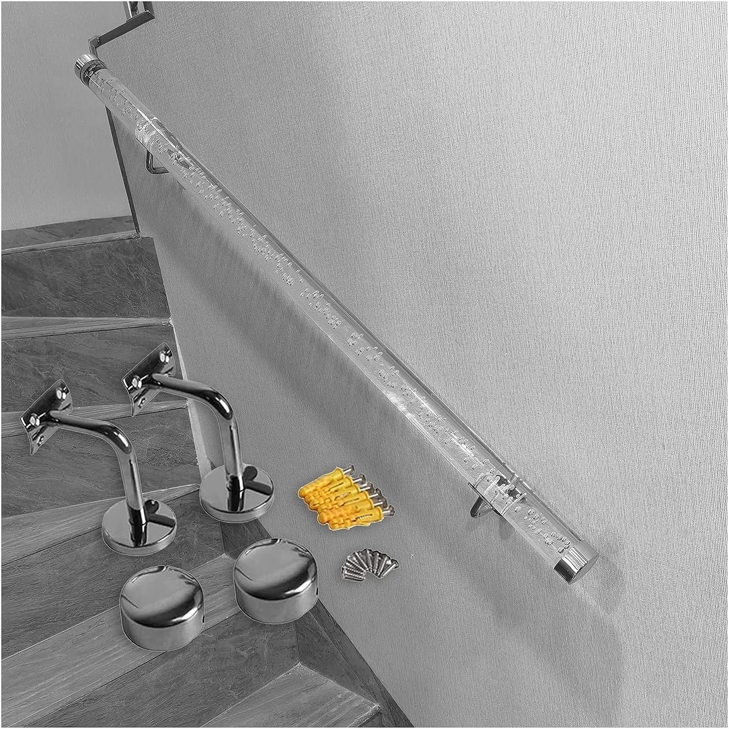 LWJSOCP Banister Rails Stair Handrail Clear Acrylic Handrails Wall Mount Mobility Aids Banister with Golden/Silver Brackets (Color : Silver Size : 600cm(20ft))