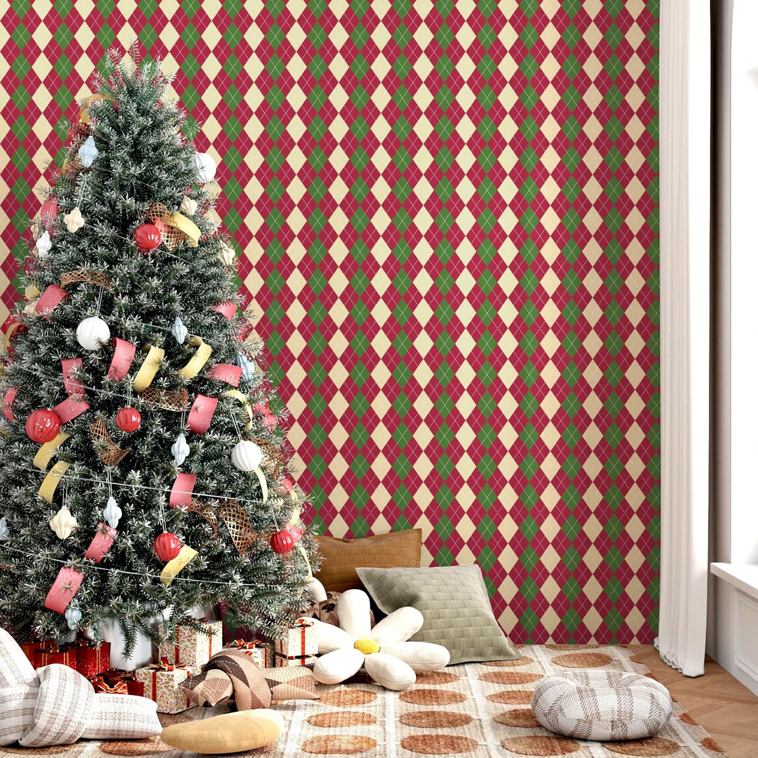Retro Plaid Peel and Stick Wallpaper Vintage Argyle Geometric Plaid Contact Paper Checkered Wallpaper for Bedroom Kitchen Cabinet Self Adhesive Christmas Decorations Wall Paper 17.5"×118"