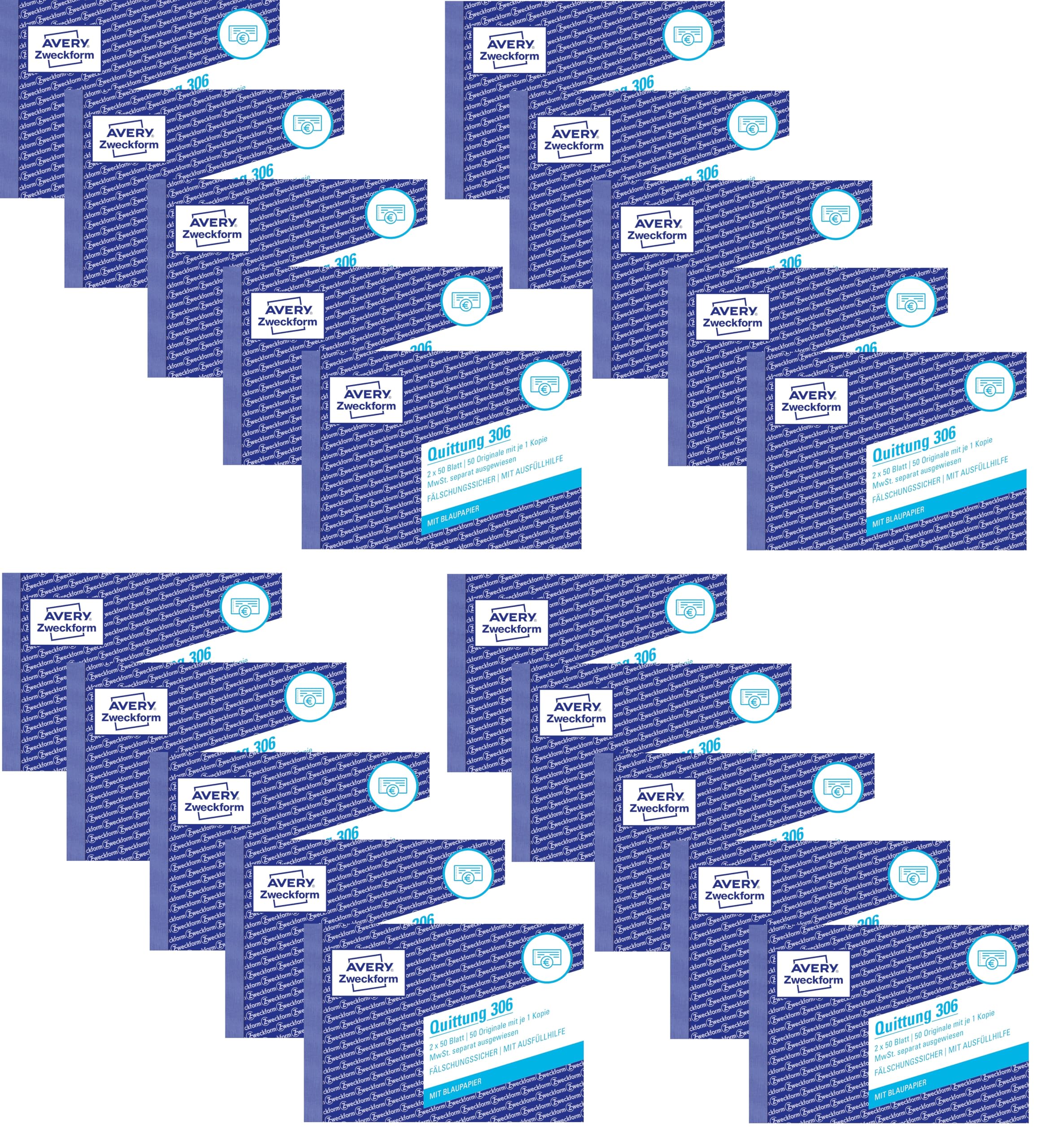 AVERY Zweckform 306 Quittungsblock (A6 quer, 2x50 Blatt, mit Durchschlag, fälschungssicher, separat ausgewiesene MwSt., für Deutschland und Österreich) weiß (20 Stück | mit MwSt)