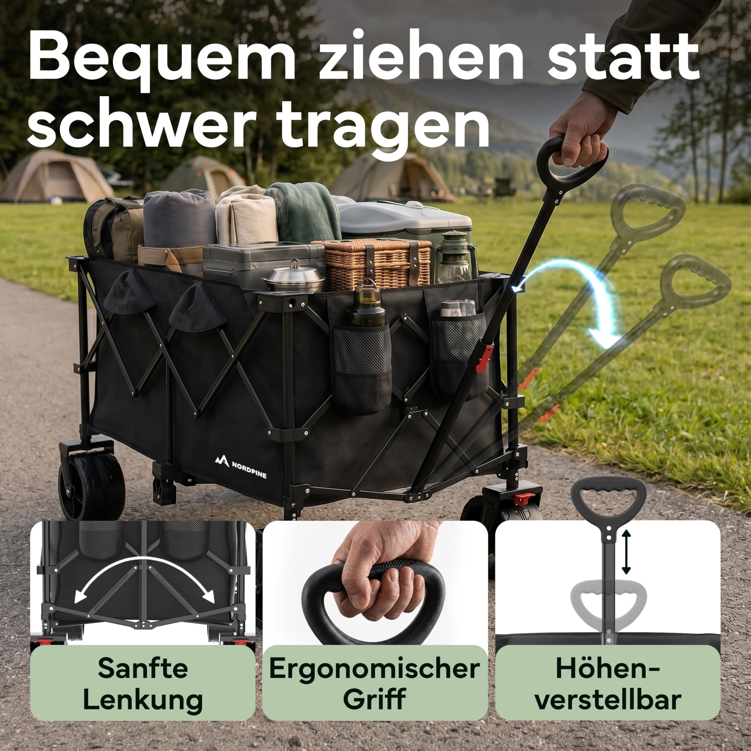Bollerwagen Faltbar - 200/300 Liter Stauraum für Camping, Festival und Familie - Bis 200 kg Traglast - Extra breite Gummireifen mit Bremse - Klappbar in Sekunden (200 l | Bollerwagen)