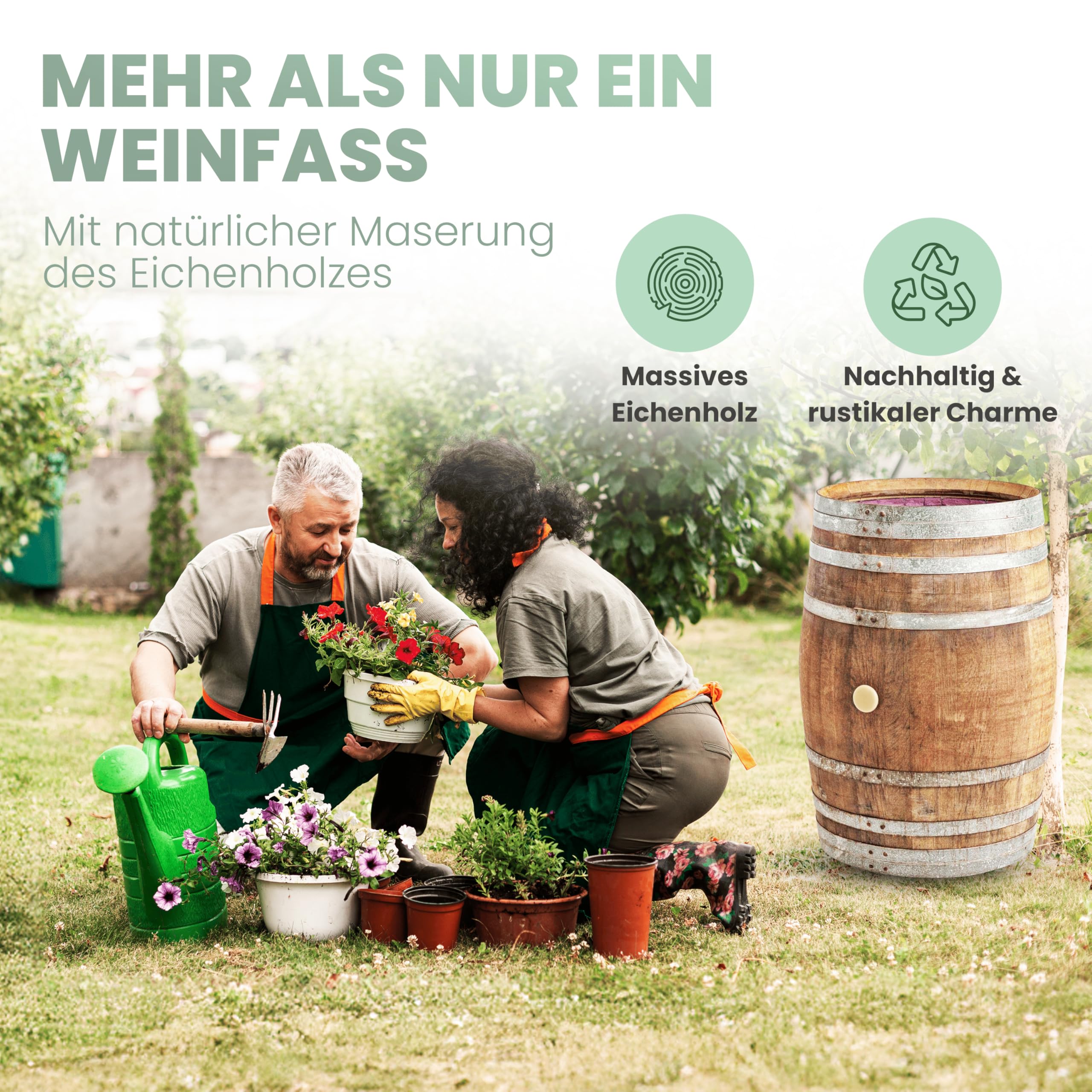 Temesso Regentonne mit Deckel, Regenfass Holzfass, Weinfass, Tonne, Eiche 225 Liter Wasserfass - original Fass (Deckel Edelstahlgriff)