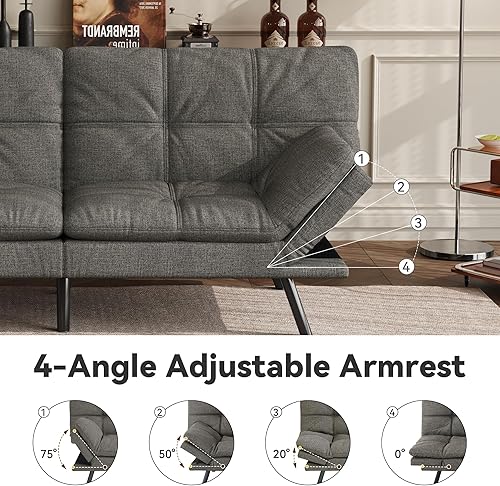 Miniatura 13 de Vyfipt Sofá cama tipo futón, sofá pequeño de espuma viscoelástica de piel sintética para sala de estar, sofá biplaza moderno con reposabrazos Negro