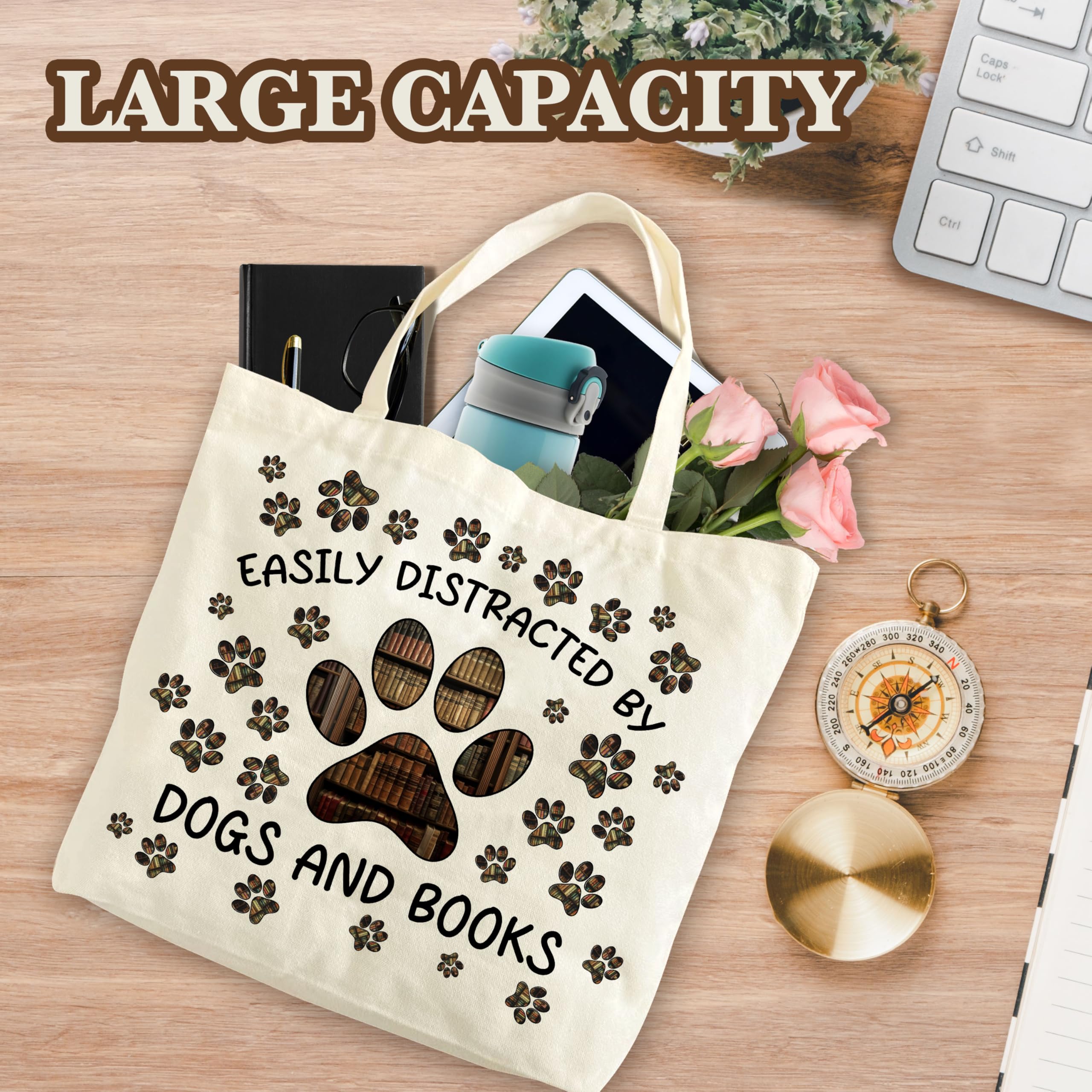 Zcsni Dogs And Books Tote Bags, Easily Distracted By Dogs And Books Shopping Bag For Women, Cute Gifts For Friend Book Lovers Read Lovers Dog Lovers Dog Mom, Shoulder Bag For Library Read Room -A06 - Image 3