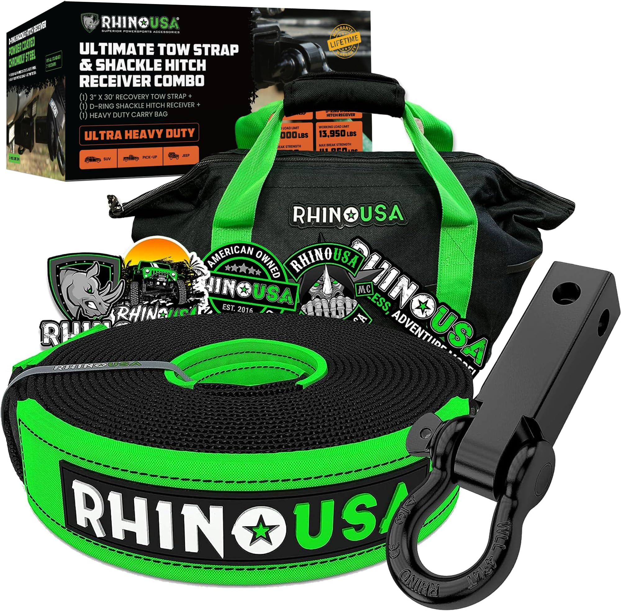 Rhino USA Ultimate Recovery Gear Combo - Tow Strap & Shackle Hitch