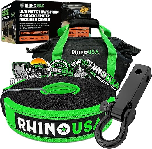 Rhino USA Heavy-Duty Recovery Gear Combos Off-Road Truck Vehicle Recovery, Best Offroad Towing Accessories (30' Strap + Shackle Hitch)