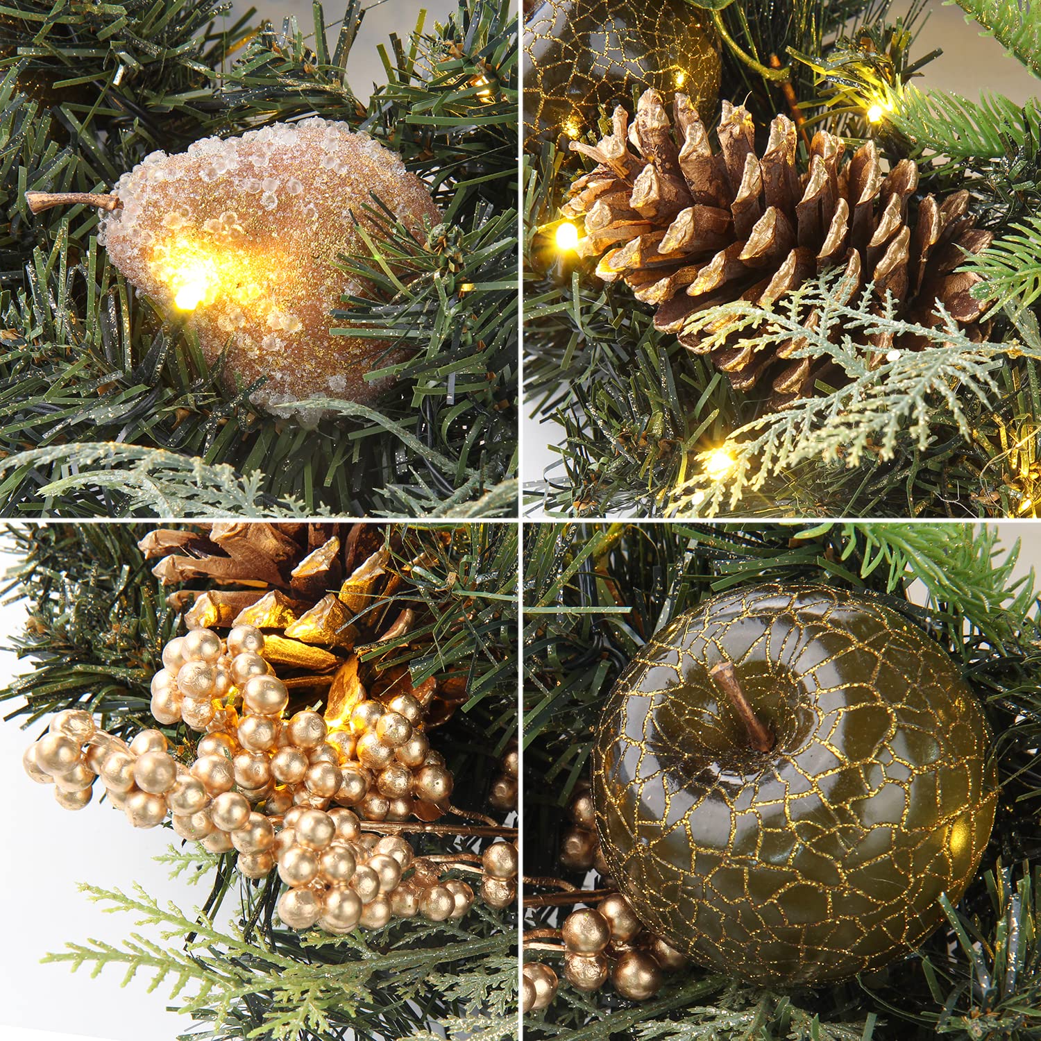 Oairse Grande couronne de Noël artificielle de 51 cm pour porte d'entrée avec 30 lumières LED, poire, pommes de pin et baies, couronnes de porte de Noël pour décorations de Noël, décoration de Noël