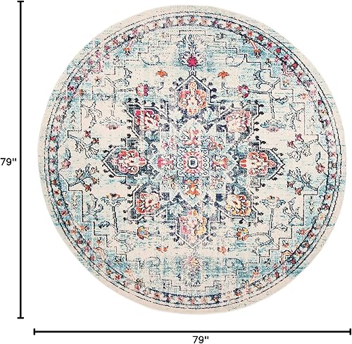 Miniatura 2 de SAFAVIEH Madison Collection Alfombra de Área - 6'7" Redonda, Crema y Azul, Diseño de Medallón Desgastado Boho Chic, No Desprende Pelusa y Fácil de