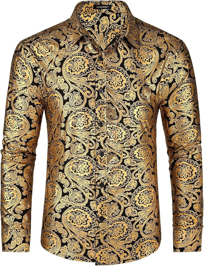 Men’s Gold Shiny Satin Dress Shirt — Luxury Floral Jacquard, Long Sleeve Fashion Shirt for Wedding & Party