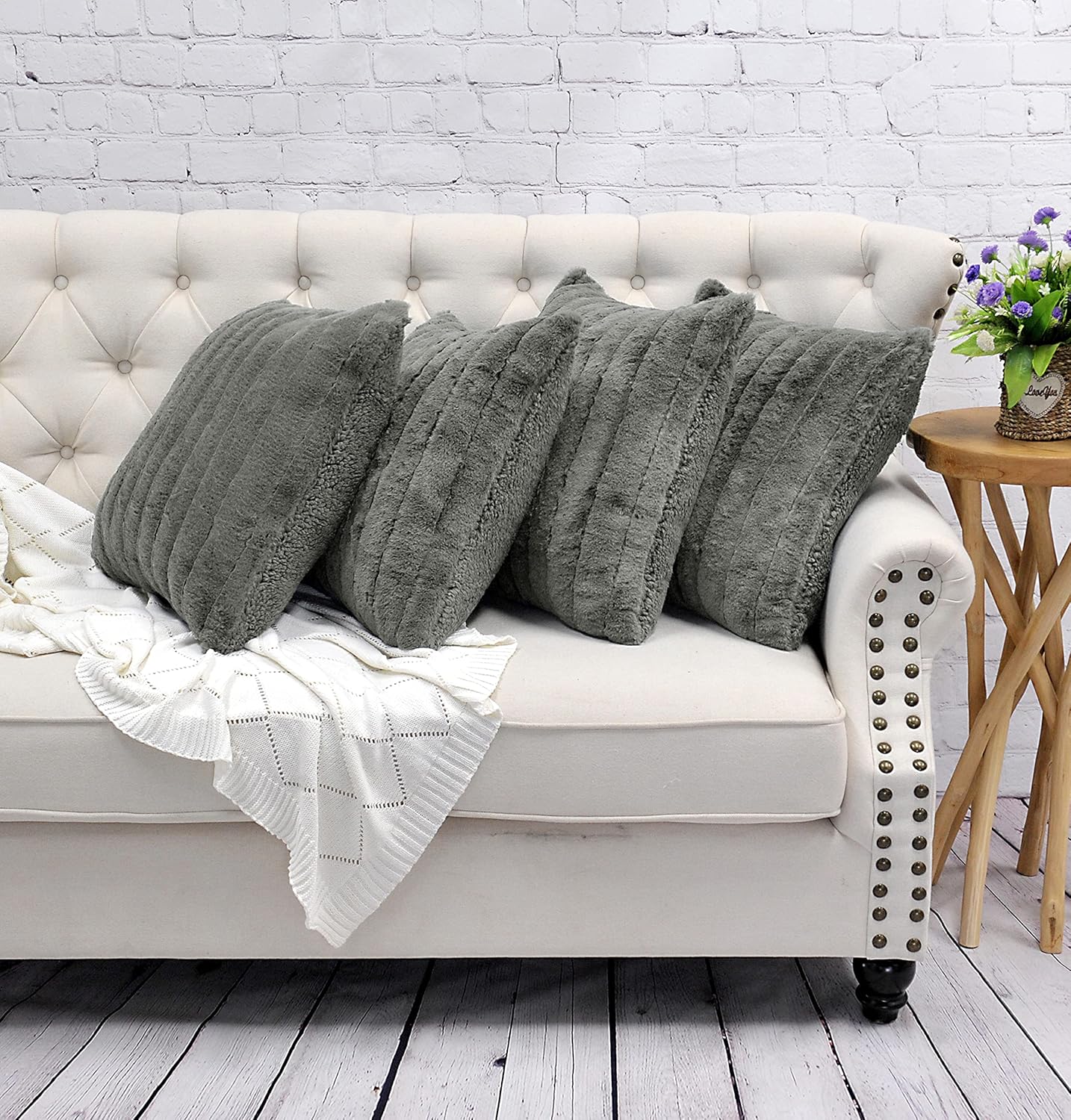 Striped Faux Fur Decorative Square Throw Pillow Covers with Sherpa Back 20 x 20 Inches Set of 4, Plush Soft Luxury Cushion Case Pillowcase for Couch Bed Bedroom Living Room, Dark Gray
