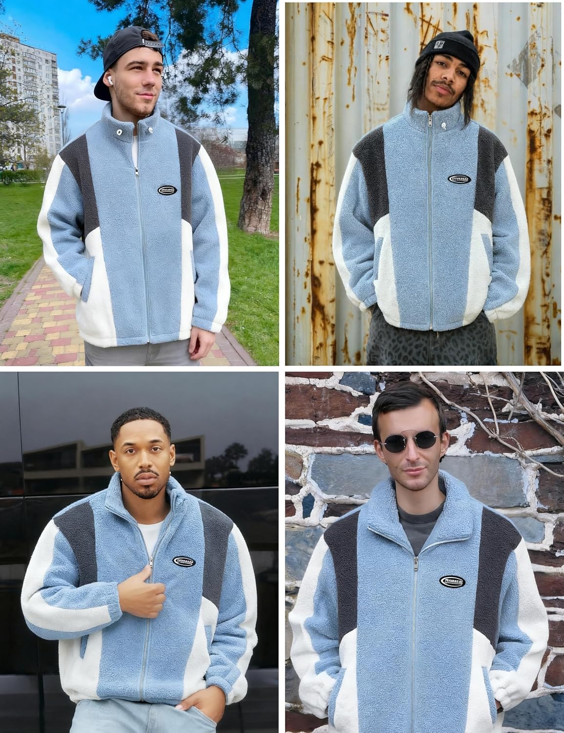 ZAFUL Men's Long Sleeve Zip Up Coat Faux Fur Ethnic Color Block Pullover Tops Pocket Drawstring Hem Oversized Outwear Jacket