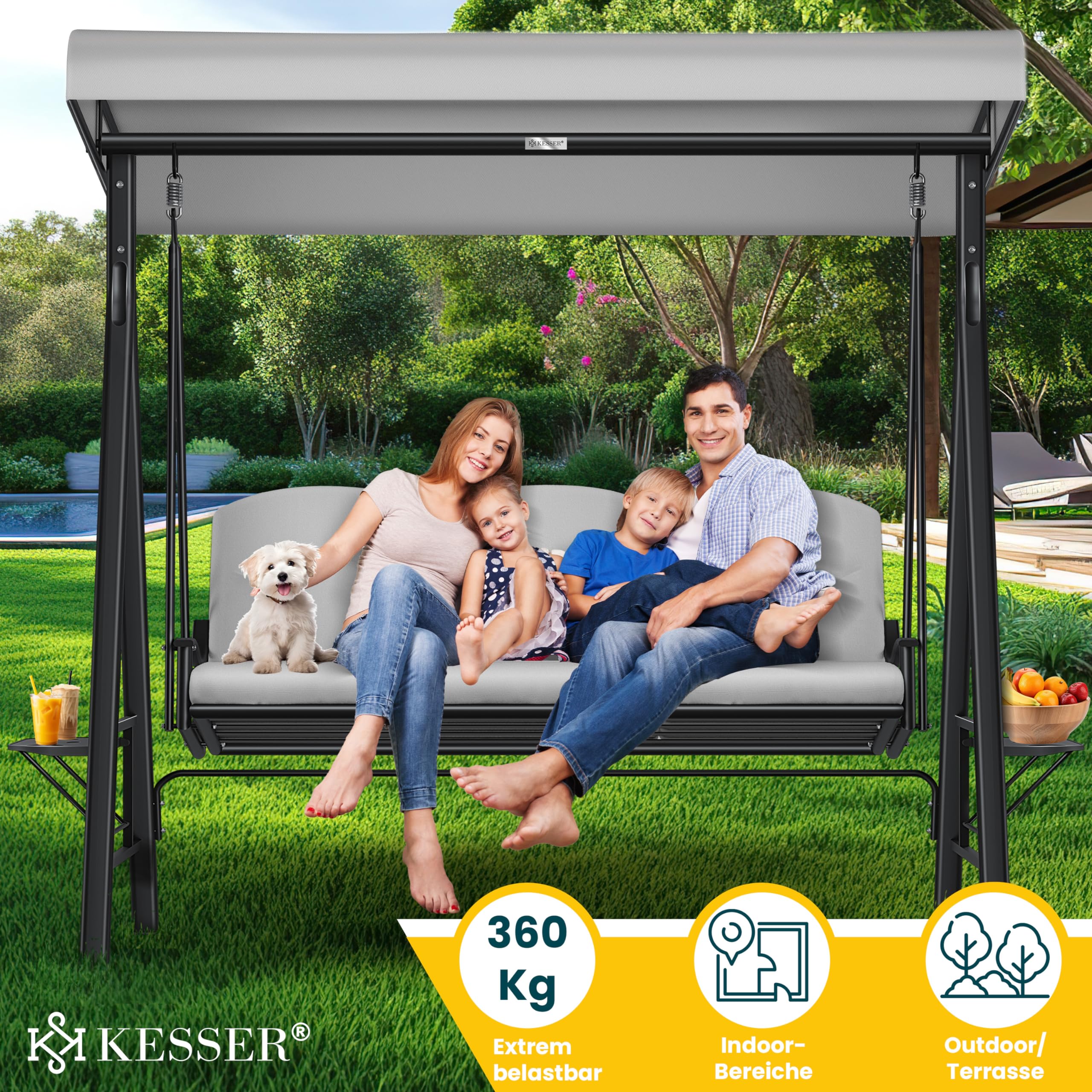 KESSER® Huśtawka ogrodowa z dachem przeciwsłonecznym 3-osobowa i nakładka na siedzisko | huśtawka ogrodowa o obciążeniu do 360 kg | leżak ogrodowy z antypoślizgowymi nóżkami | ławka huśtawka odporna