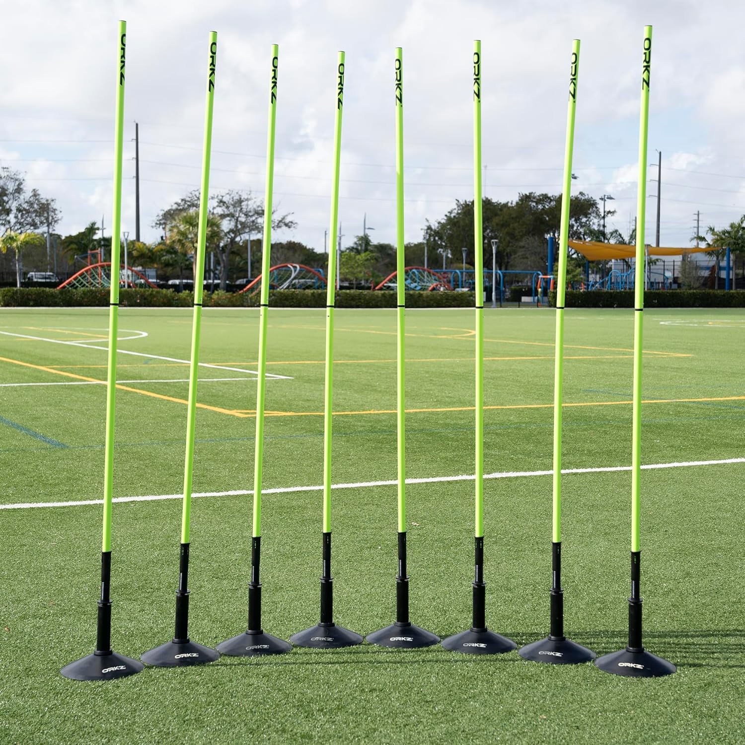Soccer Agility Poles 6ft - Slalom Speed Training Set with Rubber Bases, Spring Loaded, Ground Spikes and Carry Bag - Multifunctional Soccer Training Kit 8 Pack