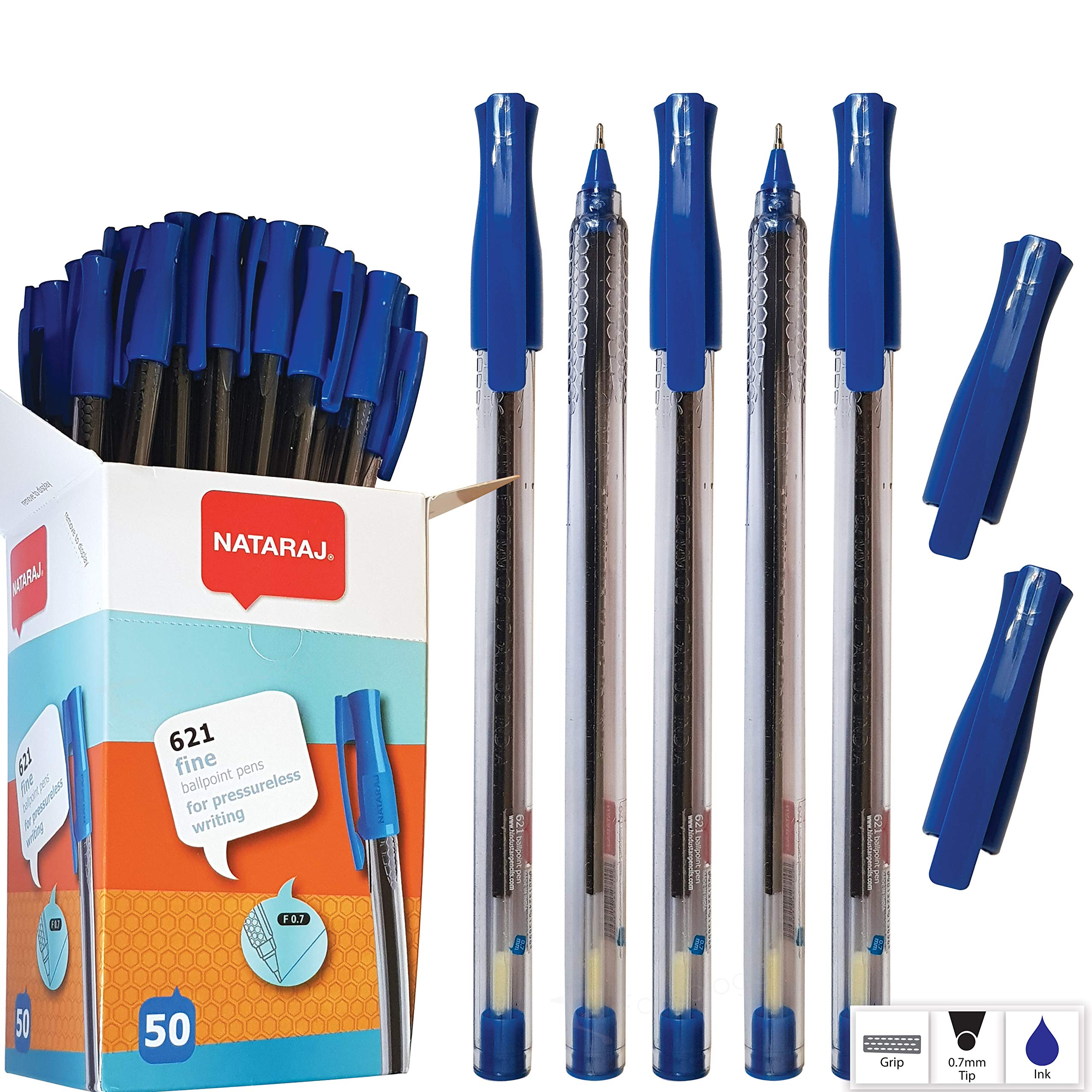 NATARAJ Fine Smooth Ballpoint Pens Trio Grip - School Office Home Ideal (50 x 0.7mm BLUE Ball Pens + 1 x PATEL PStic Pen)
