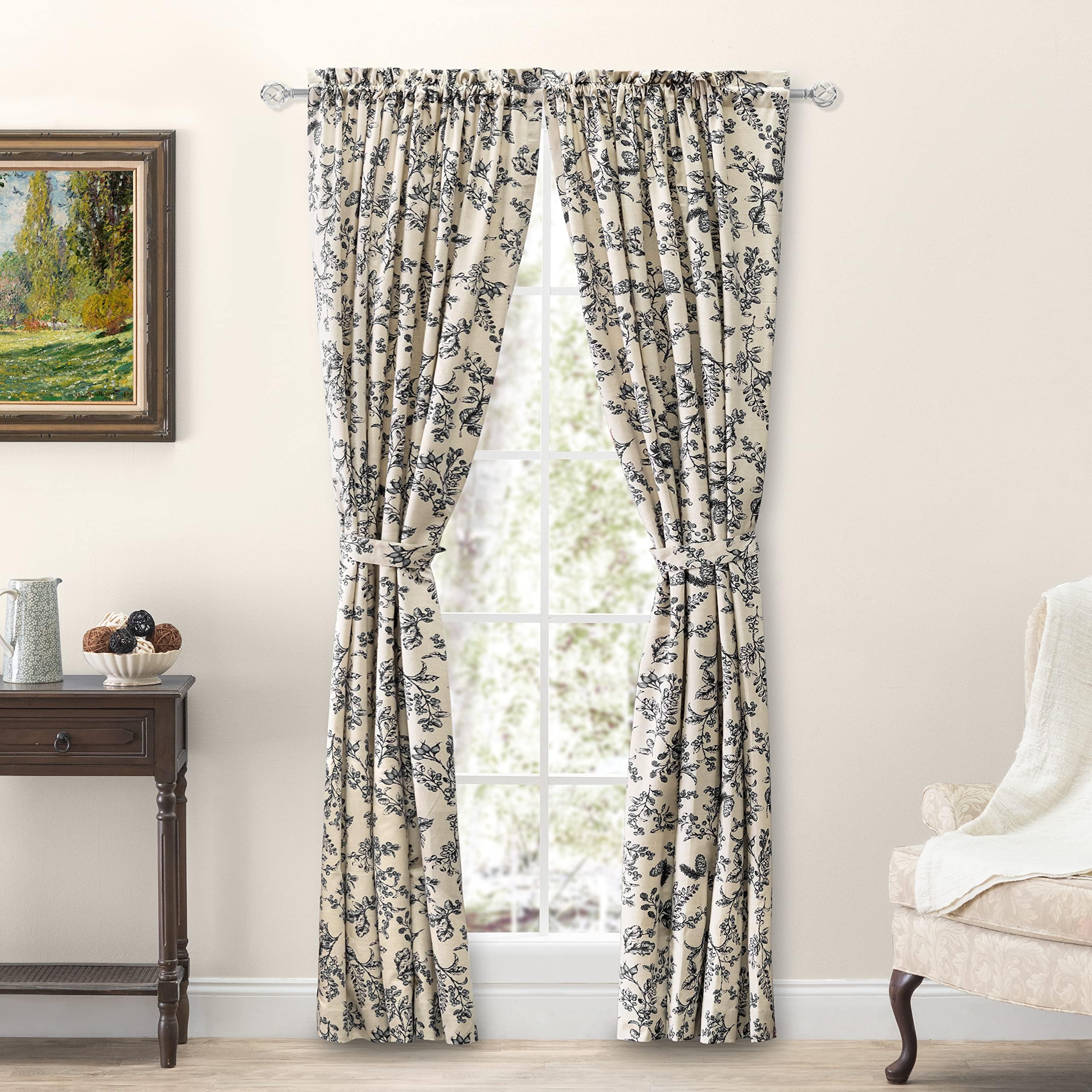 Waverly Gardens Tailored Panel Pair w/ Tiebacks | 63" L X 42" W per Panel | Black | Farmhouse Curtains | Light-Filtering | Vibrant Leaf Design | Soft Cotton | Livingroom Drapes | Machine Washable