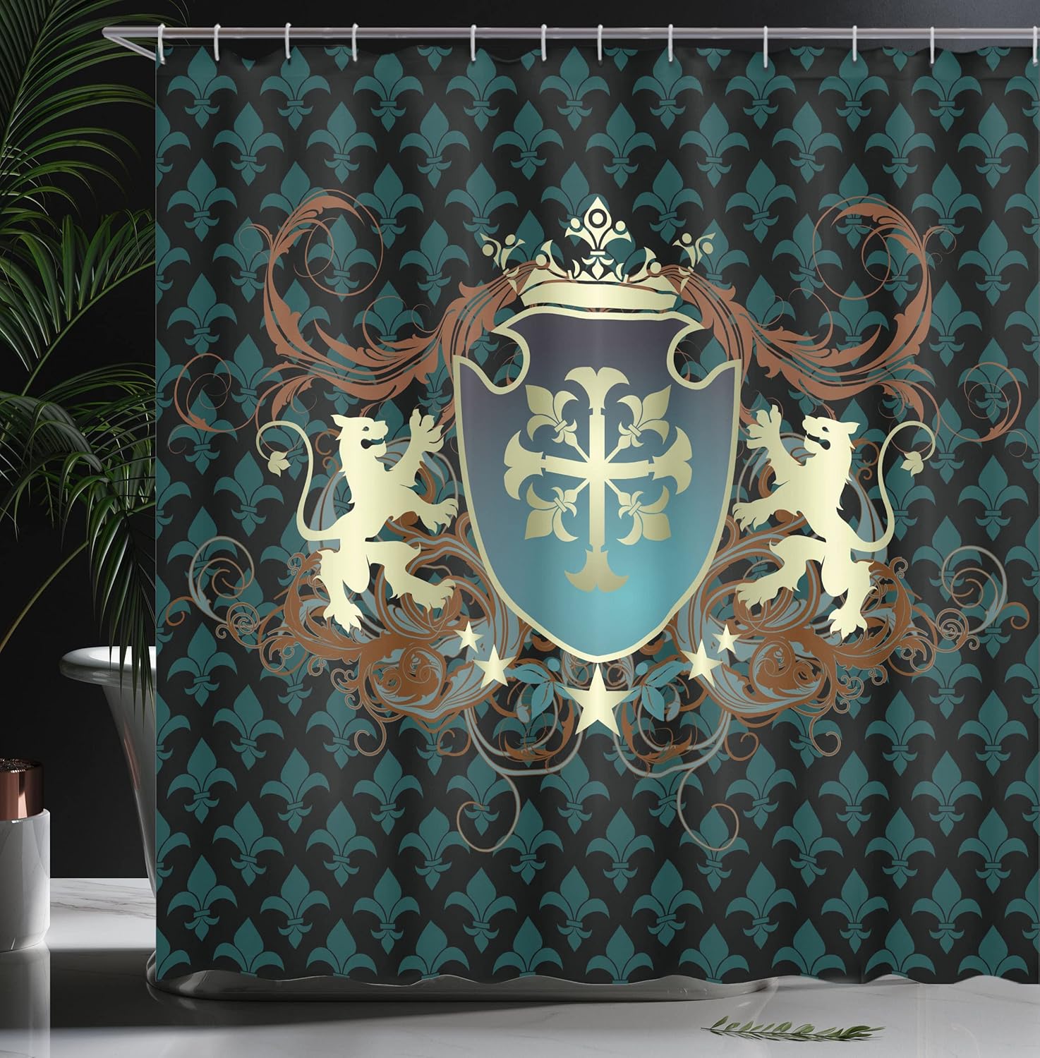 Ambesonne Medieval Shower Curtain, Heraldic Design from Middle Ages Coat of Arms Crown Lions and Swirls, Cloth Fabric Bathroom Decor Set with Hooks, 69" W x 70" L, Teal Black Cinnamon