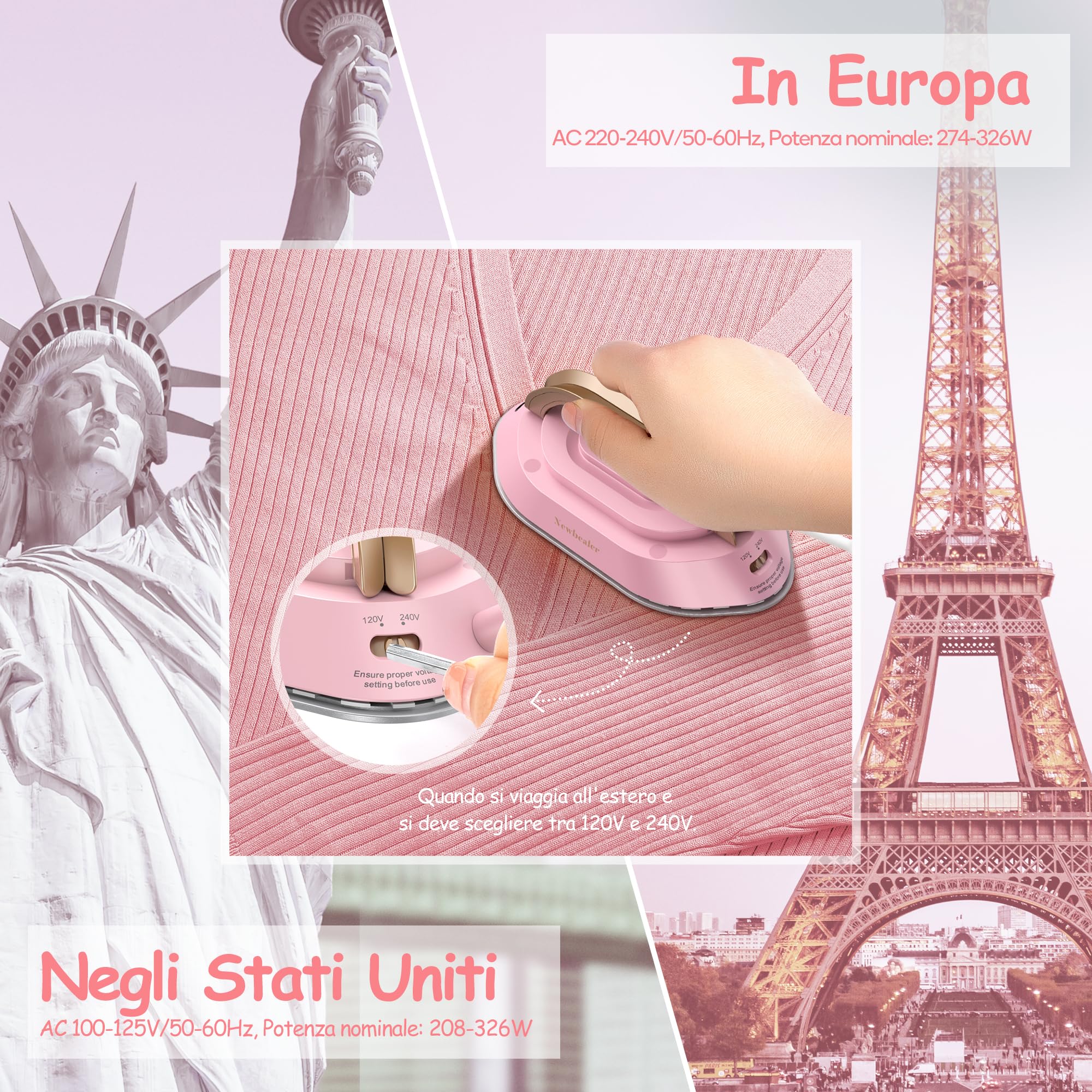 Newbealer Ferro da Stiro da Viaggio, Ferro da Viaggio Mini Portatile Leggera Compatto senza Vapore, Stirare i Vestiti, Doppio Voltaggio 100V-240V, rosa