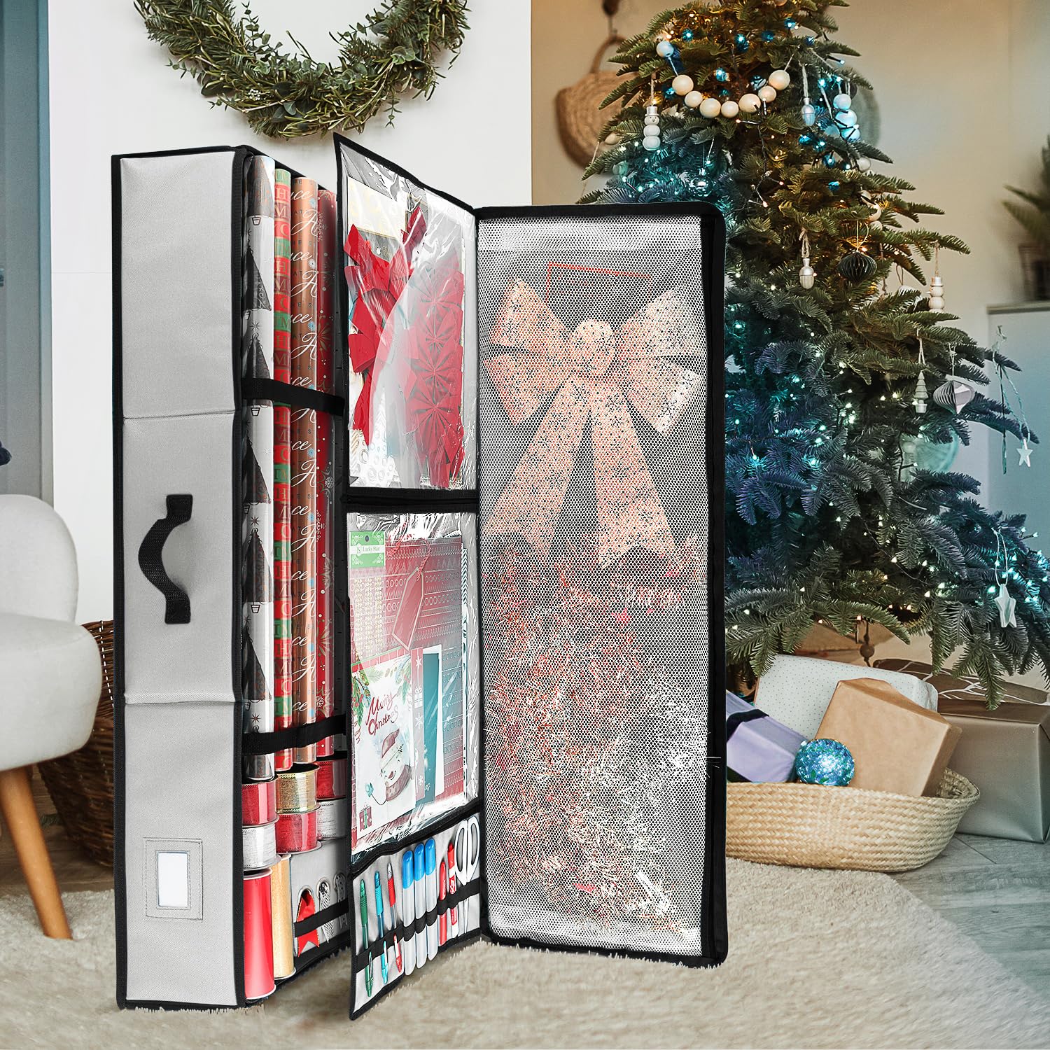 Hearth & Harbor Geschenkpapier-Aufbewahrungsbehälter, Weihnachts-Aufbewahrungstasche mit Bandspender und Innentaschen, für Geschenkpapier-Organizer, passend für bis zu 26 Rollen à 101,6 cm Länge